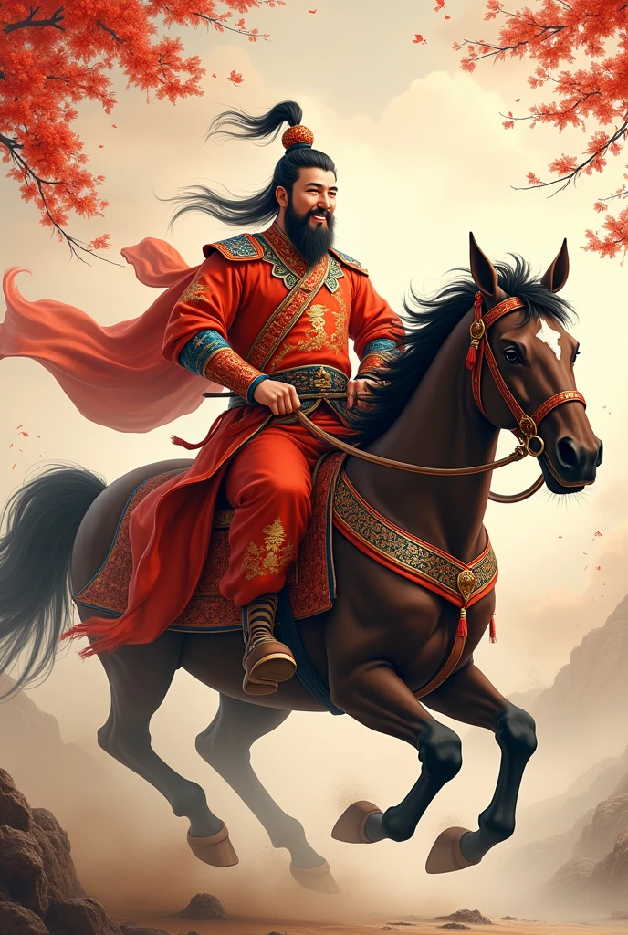 Chinese New Year Painting Style, Qing Dynasty warrior dress, Happy expression,Ride a horse