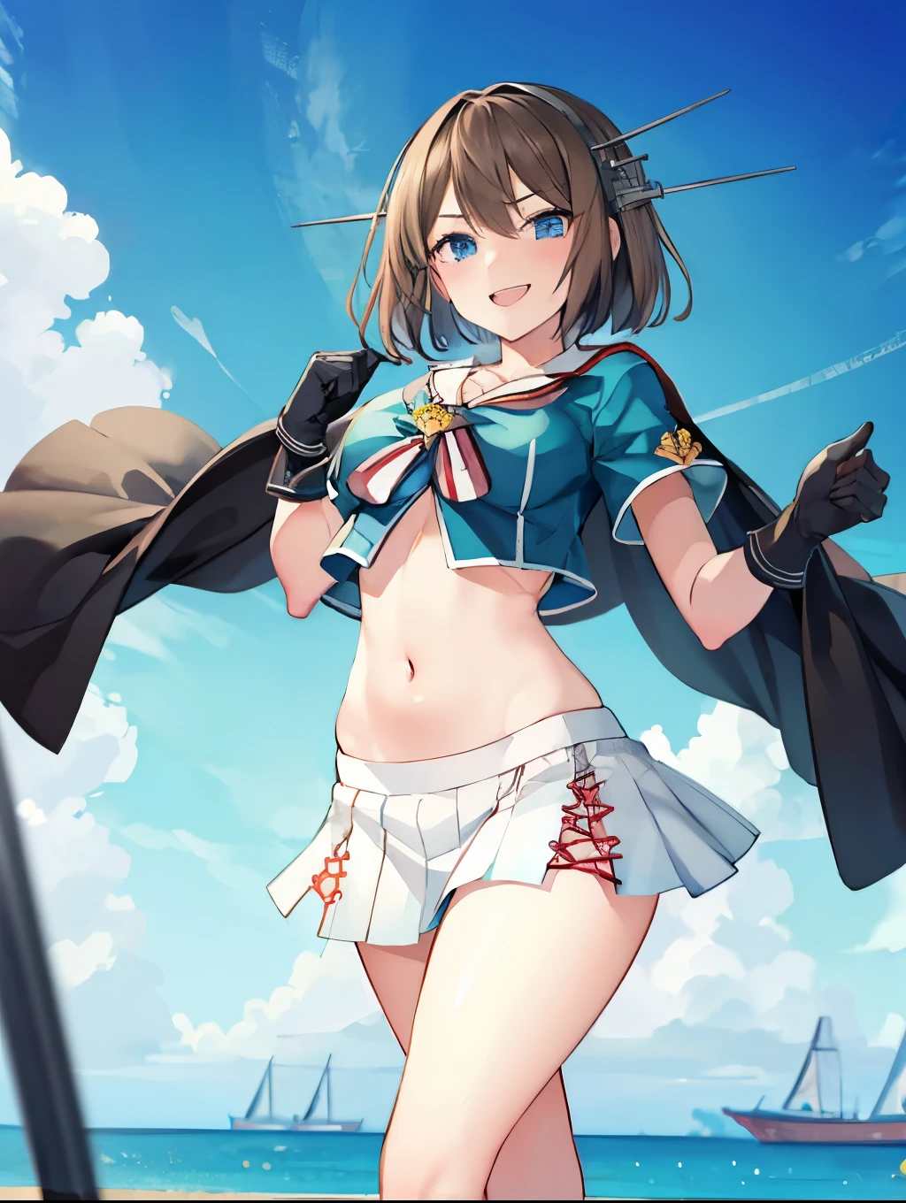 best quality, integrated scenery, integrated background, extremely delicate and beautiful, meticulous details, good composition, , cute face, perfect face, perfect hands,an anime style  ,1young__ girl, , brown_hair, medium_bob_hair, blue_midriff_baring_sailor_uniform, mini_skirt, short_sleeve, thighs, large_breasts, (angry:0.8),smile,standing,open_legs,large_eyes, harbor_background, slightly_spread_legs, happiness, short_gloves,headgear