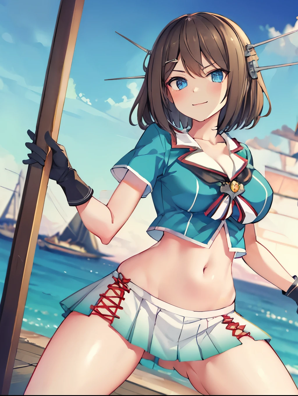 best quality, integrated scenery, integrated background, extremely delicate and beautiful, meticulous details, good composition, , cute face, perfect face, perfect hands,an anime style  ,1young_teen_ girl, , brown_hair, medium_bob_hair, blue_midriff_baring_sailor_uniform, mini_skirt, short_sleeve, thighs, large_breasts, (angry:0.8),smile,standing,open_legs,large_eyes, harbor_background, slightly_spread_legs, happiness, short_gloves,headgear