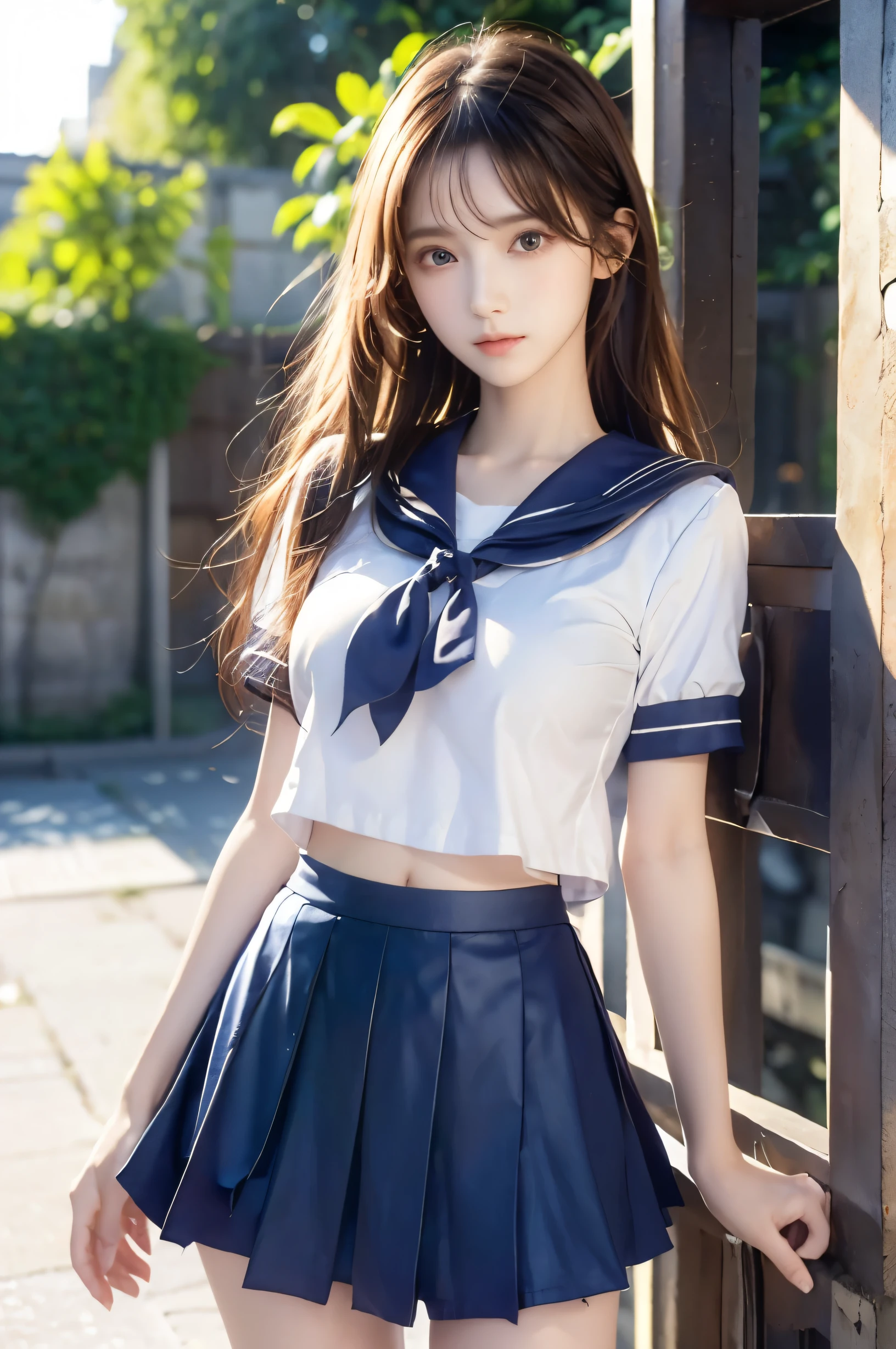 (Ultra HD), (Looking at me), (Short-sleeved sailor uniform, Navy blue mini skirt), Big Breasts, Super beautiful breasts, Slender, (Thin legs:1.2), (Thin thighs:1.2), (Thin Hips:1.4), (Beautiful Skin, Shiny skin, White skin), (Super slim face, Super beautiful face, No makeup, Smile:0.6), (Light Brown, Long Hair, Layered Cut, Fluffy hair), (Big eyes:1.3, High corners of the eyes:1.6, Double eyelids), (Thin eyebrows:0.1), (Small Nose:0.6), (Thin lips:0.6), Beautiful Hands, Empty-handed, Standing, In front of the school gate