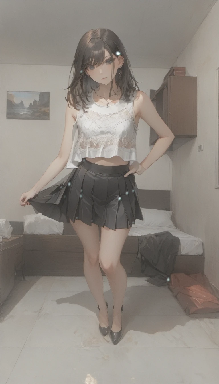 1 woman in a room, black mini skirt, short pleated skirt, full body shot, wearing black mini skirt, lace crop top, full body shot, wearing crop top and mini skirt, black and white, sexy look, sexy outfit, full body shot, small breasts, flat chest