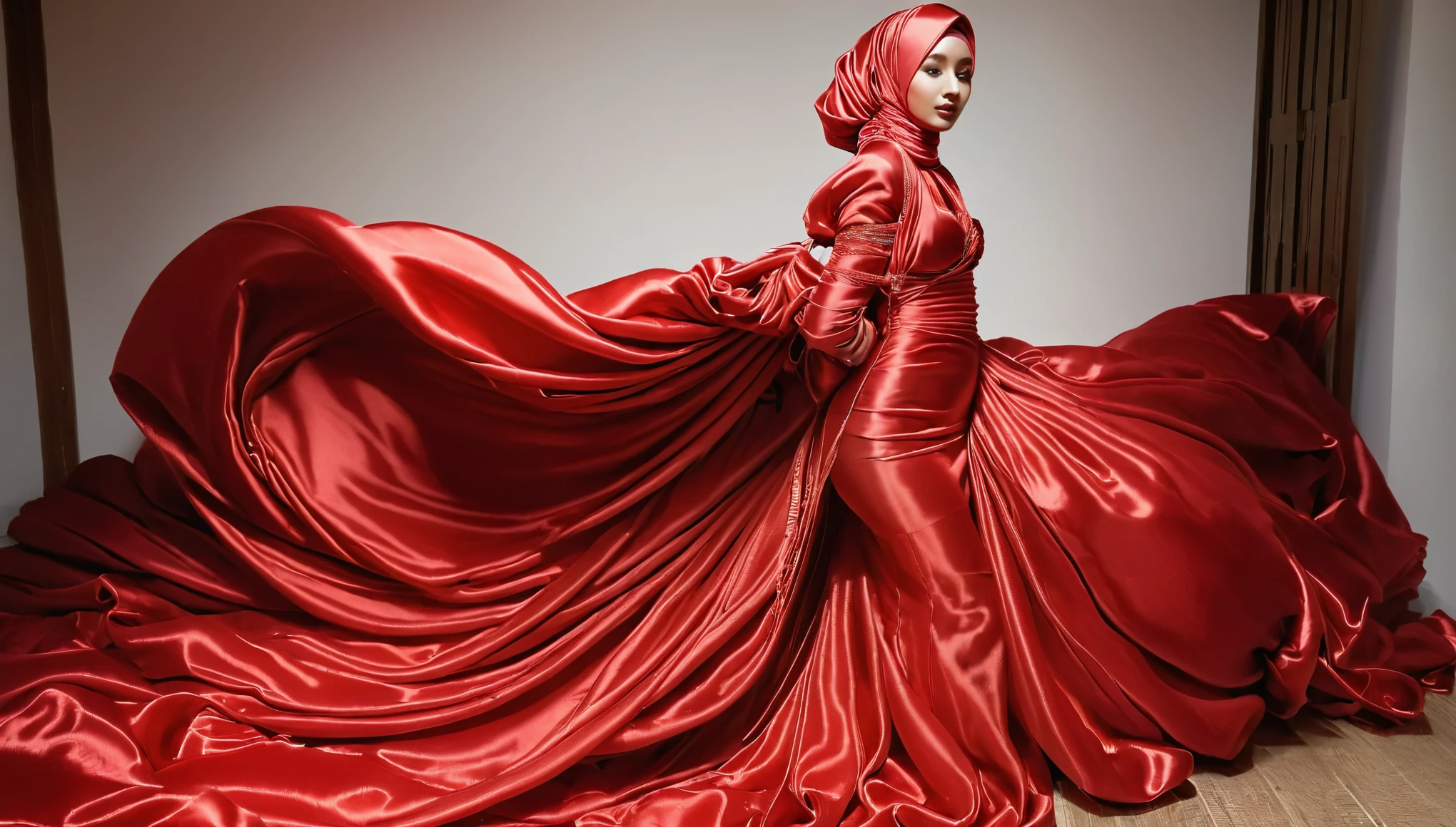 A woman shrouded in a 10-meter-long, plush red satin cloth, tightly bound and grandly draping along the form of her body, flowing off into a pooled floor-length train, styled in a mermaid-inspired outfit, her head modestly veiled in a satin hijab, tall woman, in photo studio, a full-body pose posing in front of people, captured in a 4k resolution, ultra-realistic