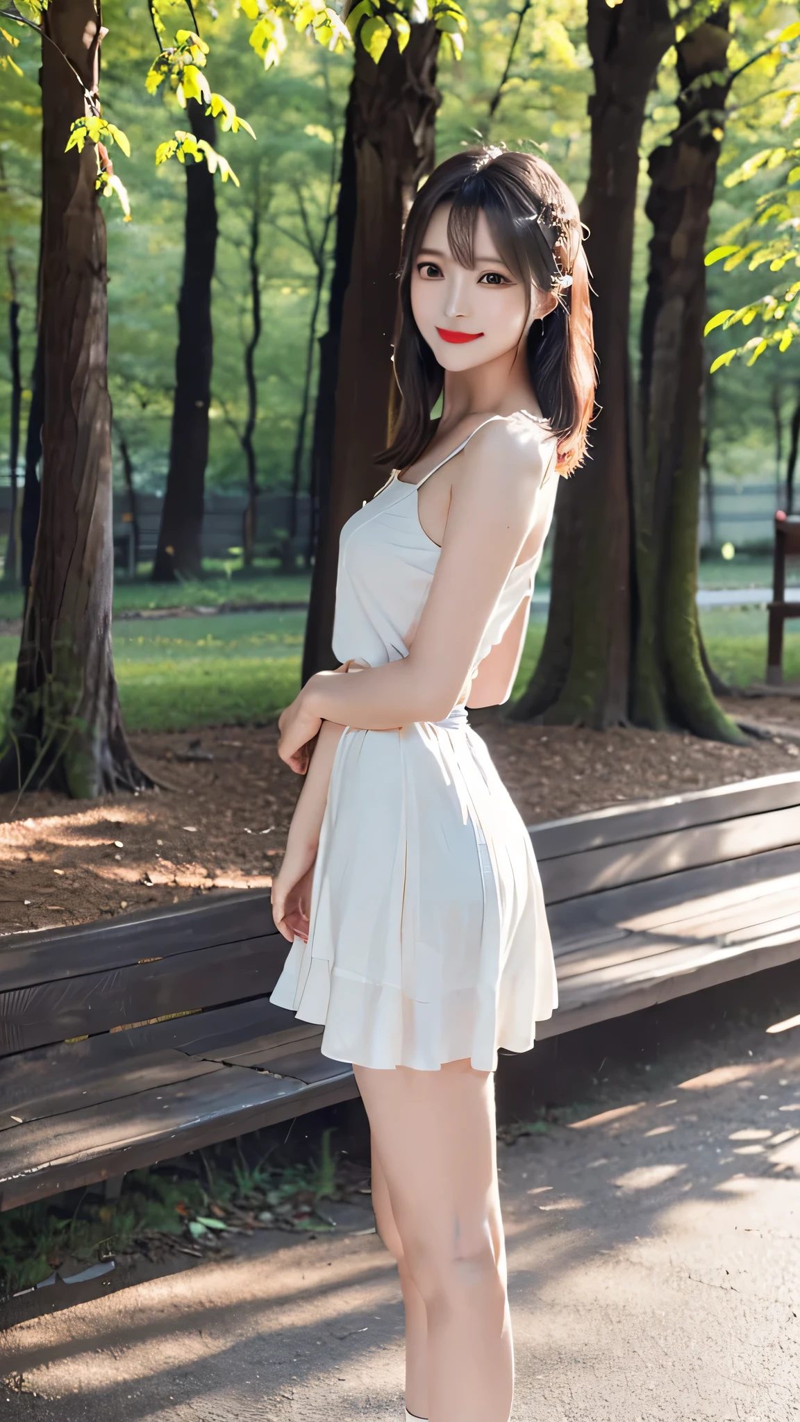 Araffe woman in white dress standing on a park bench - SeaArt AI