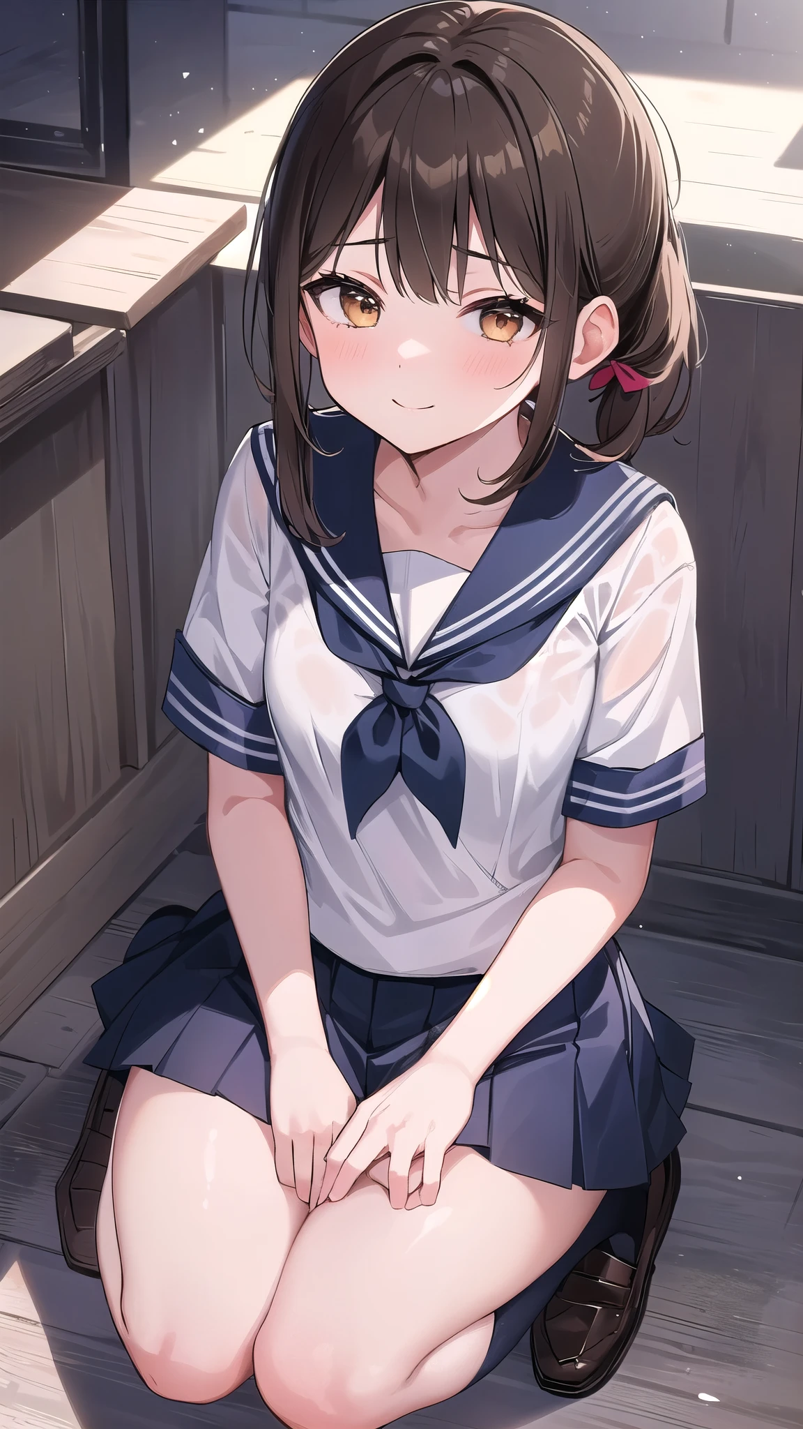 Anatomically correct, One Girl, Small breasts,  ｛Shortcuts:1.7｝, Short Ponytail, Brown Hair, Character Portrait,Sailor suit,smile,school bag, anime, 最high quality, high quality, High resolution, Beautiful woman, High school girl, Attention to detail, Good lighting, Obscene, hentai, ((Short sleeve, キュートなネイビーのSailor suit, Navy Pleated Skirt, Navy sailor collar, Blue Sailor Scarf, socks, Brown Loafers)), (Wet Shorts), (((Be incontinent))), (((Pee))), (((Pee on your own))), (Pee dripping from between her legs), (puddle), (Thick thighs), Nice long legs, Detailed face, A beautiful face is humiliated, Embarrassing, Outdoor, he,