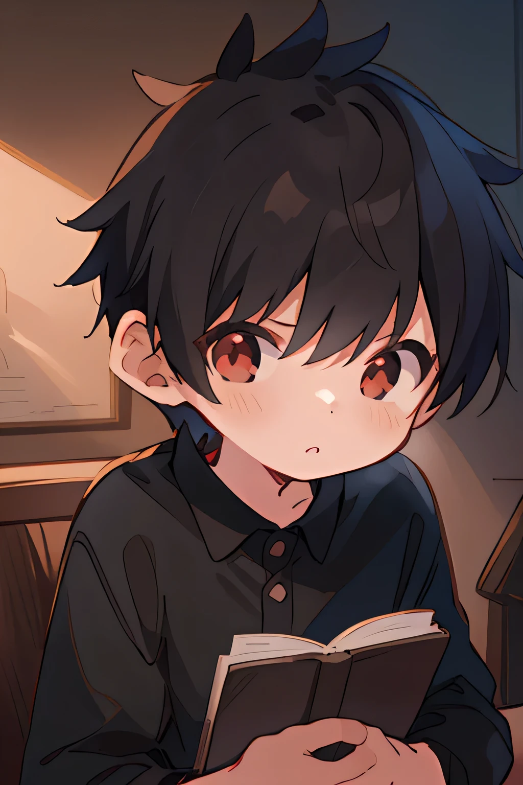 a young boy with short black hair, wearing a black suit, reading a book, cute, red eyes, shy expression, cute, innocent, realistic, high resolution, 8k, photorealistic, chiaroscuro lighting, dramatic shadows, soft textured skin, detailed anatomy, cinematic composition, warm color tones