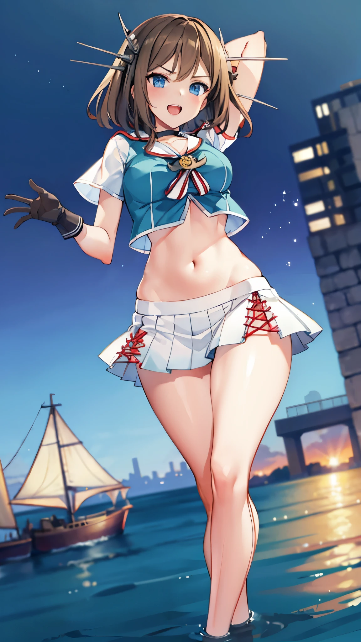 best quality, integrated scenery, integrated background, extremely delicate and beautiful, meticulous details, good composition, , cute face, perfect face, perfect hands,an anime style  ,1young_teen_ girl, , brown_hair, medium_bob_hair, blue_midriff_baring_sailor_uniform, mini_skirt, short_sleeve, thighs, large_breasts, (angry:0.8),smile,standing,open_legs,large_eyes, harbor_background, slightly_spread_legs, happiness, short_gloves,headgear,open_mouth,