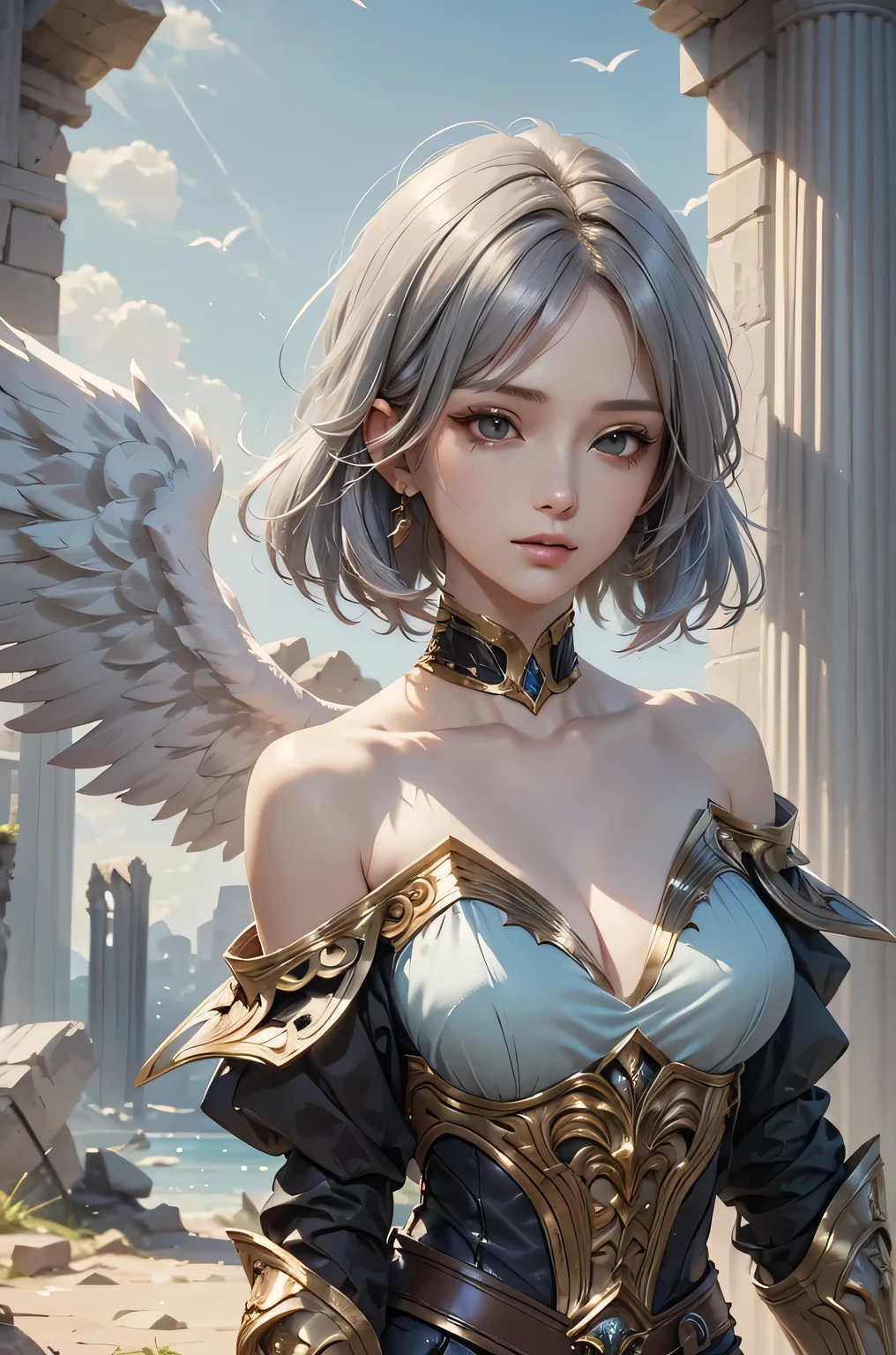 masterpiece, Best Quality, Very detailed, 1girl, Gray Hair, face: sweet girl, medium breasts, off shoulder, angel, fantasy character, arms, armour, weapons, war. ruins.