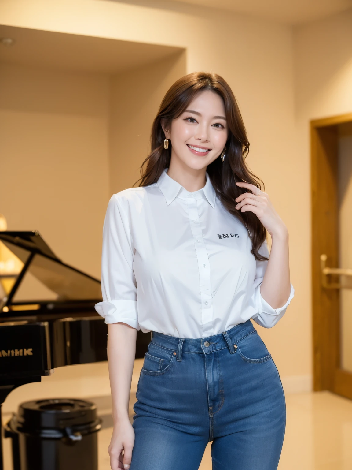((1womanl)), (((Black-long-hair))), (masuter piece:1,3)、top-quality、masterpiece、hight resolution、Original、highly detailed wallpaper、jeans, (A slight smil)、a small face、((full breasts))、(Graphic T-shirt)、(light on face)、feminin style, Beautiful facial features, at cafe, full-shot, full length