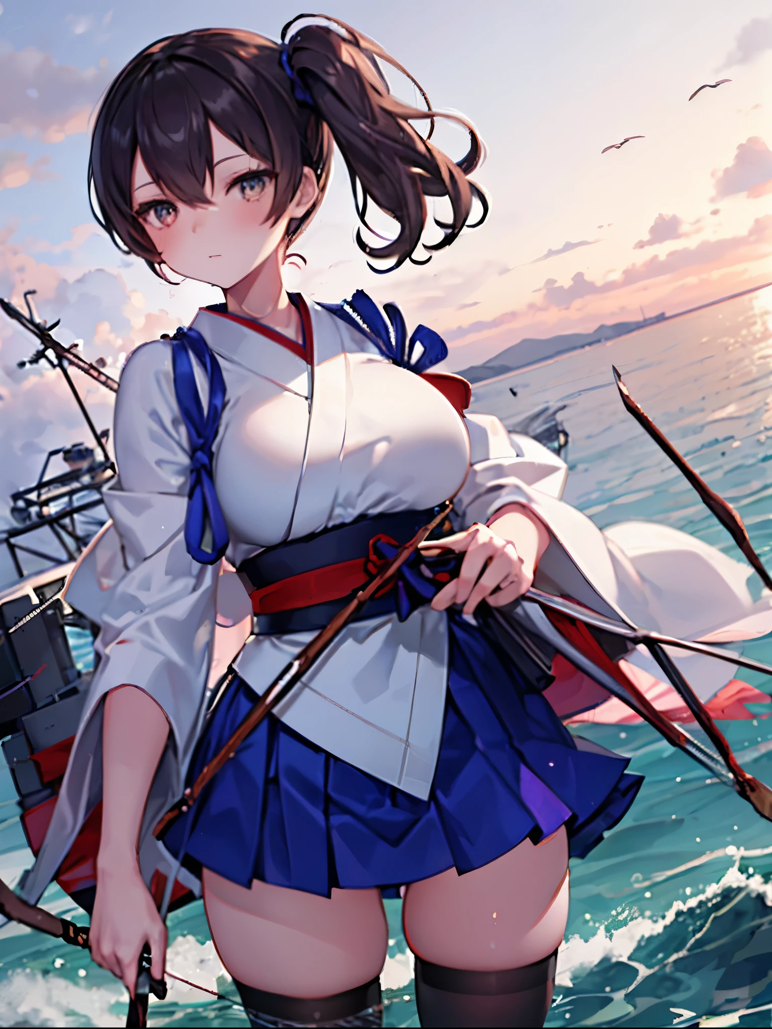 masterpiece, best quality, integrated scenery, integrated background, extremely delicate and beautiful, meticulous details, good composition, , cute face, perfect face, perfect hands ,Kaga(Fleet Collection),highest quality, masterpiece, High resolution,kimono,blue skirt,side ponytail,big_breasts,solo,Japanese_bow&arrow,dynamic_angle,half_eyes,solo,plump,sea_landscape_background,waves,black_thigh-highs,aim_with_japanese_bow,hold_japanese_bow,