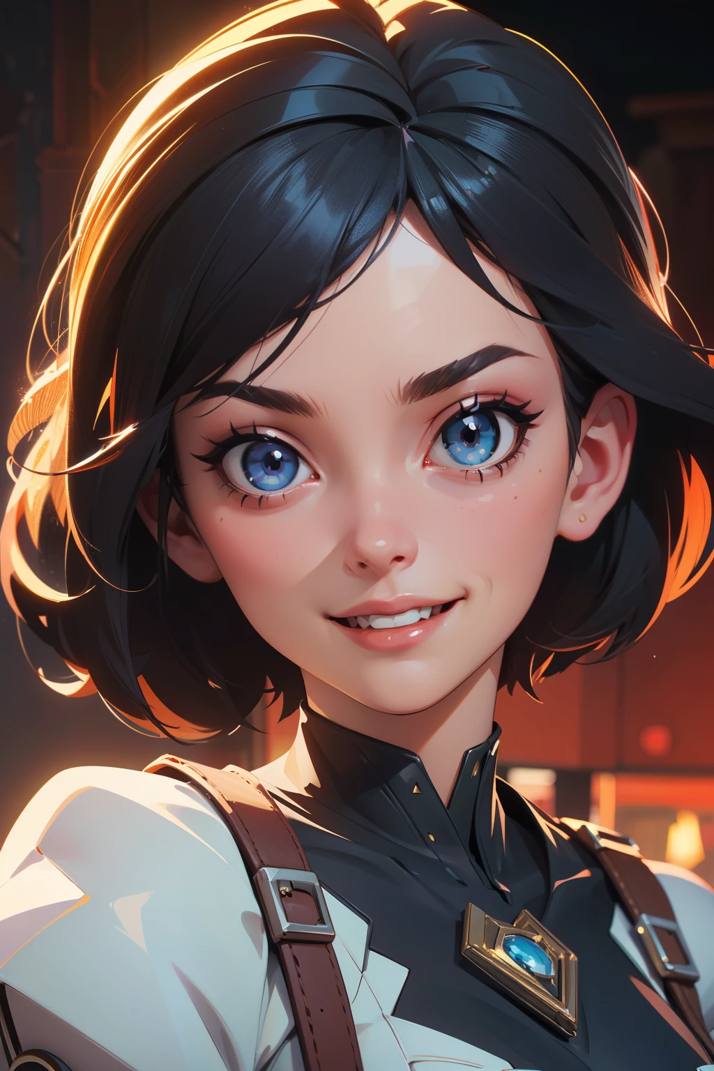 ((work of art, best quality)), High resolution, 8k, cinematic light, high contrast depth of field, intense shine, detailed background, 1 girl, cute, detailed eyes, shine in the eyes, detailed iris, smile, Stylized, open mouth, taken,