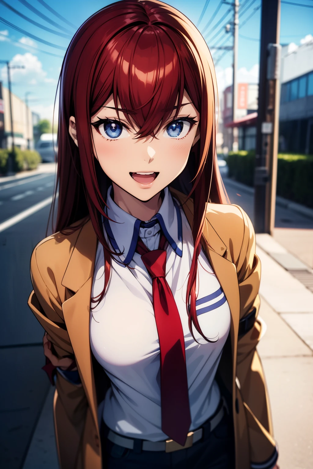 masterpiece、Best Quality、High resolution、Detailed face、((anime、anime塗り、animeカラーリング、RAW Photos)),((makise kurisu)),1girl, bangs, belt, blue eyes, chain, chained, ground vehicle, hair between eyes, jacket, long hair, looking at viewer, makise kurisu, necktie</input></xml>, red hair, shirt, Alone, standing,smile,open mouth、