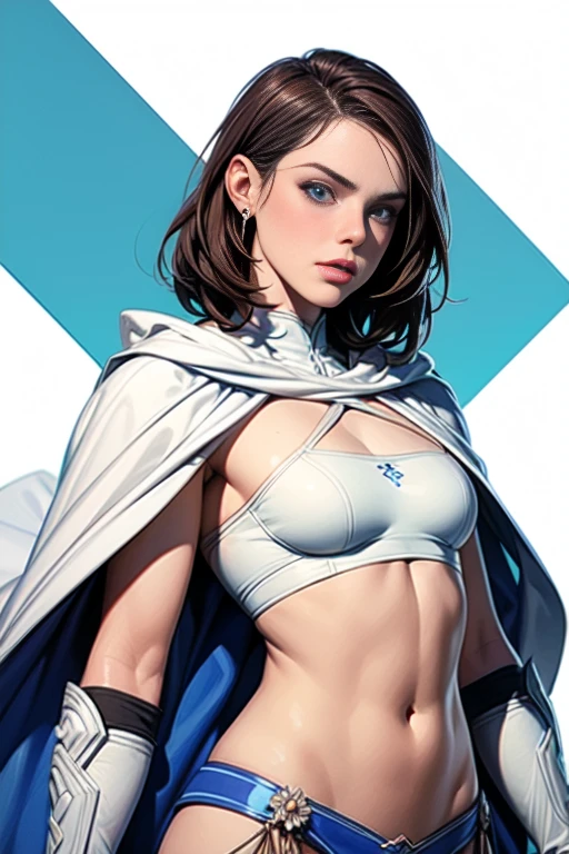 Adult Daisy Ridley, brown hair, beautiful face and eyes, blue eyes, slim and muscular body, medium chest, white capes, iron paladin armor, expose midriff, white loincloth, white gloves