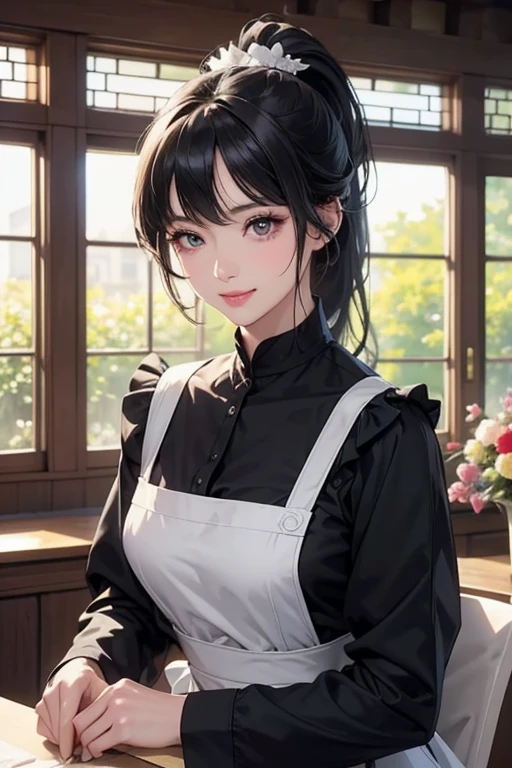 (Highest resolution clear_image) Best Quality, single, One Woman, Alone, A very exquisite masterpiece, Somewhat realistic, Black Hairのショートヘア, Black Hair, bangs, 1, Mature, light blue Uniform, Uniform, Indoor Background, kind, Authoritative, Powerful, Exquisite Features, Exquisite Features、Long eyelashes、Showing teeth、smile😀、Maid uniform、ponytail、((Surprised expression)).((Beautiful flowers)),