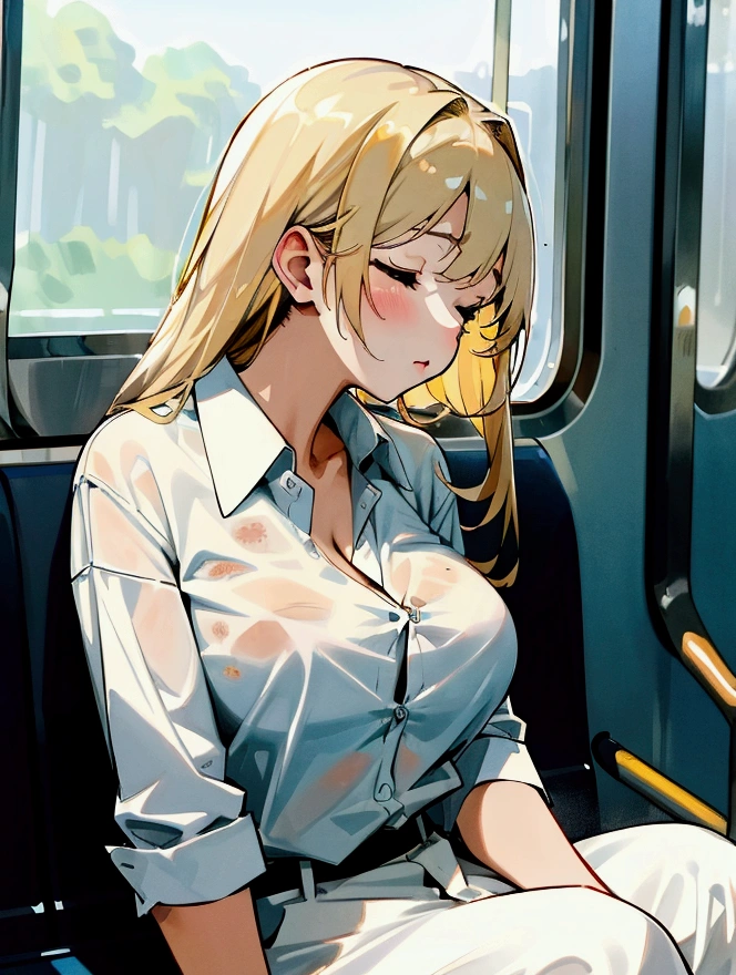 (molesting)、Large crowds、On the train、On the train、Crowded with multiple men、Man hugging her from behind、Man grabbing her、Man touching her ass、Touching her crotch, masterpiece, top-quality, (1 Girl Shy Face Blue Eyes and Blonde Hair Quickly Curly), Big ass breasts full until you put it on and wait, (mini skirt swinging sexy round: 1.3)、Pink Panties、(White swooping open shirt:1.3)、Man leaning on her back and looking at her with a look of pleasure、Middle aged man in various poses、Body adhesion、Packed、Sperm taken、Leaked sperm、Sperm in the ass、