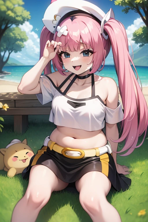 rotom phone, breasts, looking at viewer, smile, open mouth, blue eyes, multiple girls, black hair, hair ornament, navel, 2girls, jewelry, sitting, twintails, blue hair, collarbone, swimsuit, pink hair, multicolored hair, :d, outdoors, sky, barefoot, tongue, day, hairclip, fang, hand up, cloud, black skirt, armpits, off shoulder, nail polish, water, feet, Arm up, grey eyes, eyelashes, toes, v, pokemon (creature), white headwear, soles, cellphone, toenails, pink nails, holding phone, innertube, Sun hat, belt buckle, toenail polish, hand on headwear, Selfie, bikini skirt, green bikini, yellow belt, bandaid on head、Nipples、Areola、pubic hair