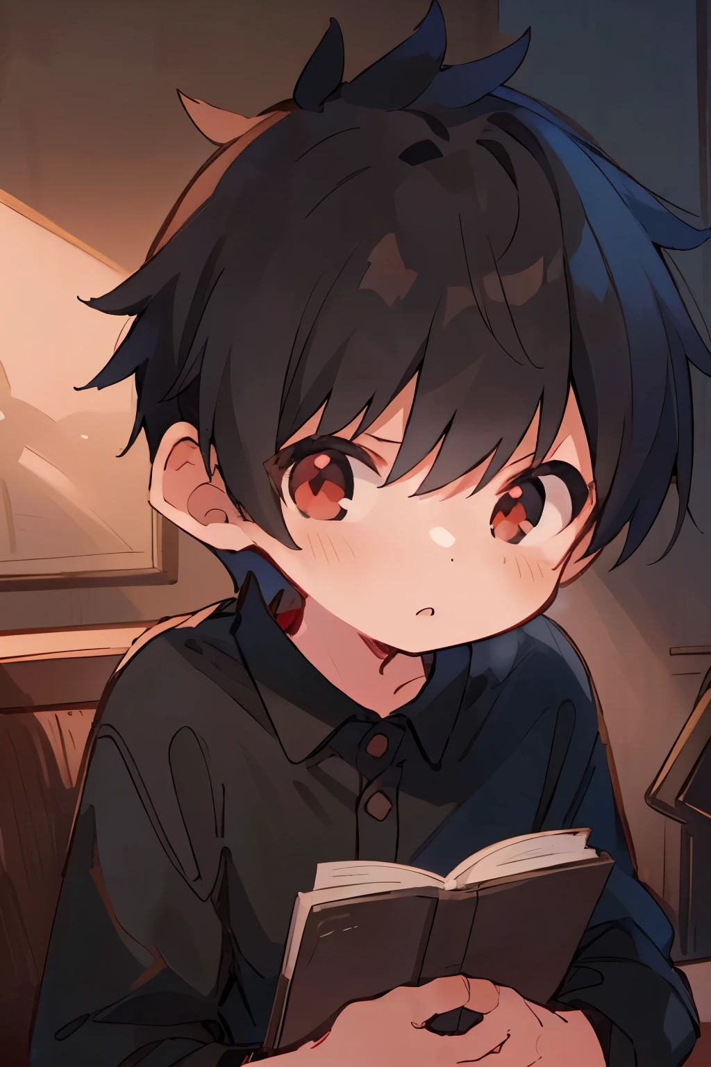 a young boy with short black hair, wearing a black suit, reading a book, cute, red eyes, beige background, shy expression, cute, innocent, realistic, high resolution, 8k, photorealistic, chiaroscuro lighting, dramatic shadows, soft textured skin, detailed anatomy, cinematic composition, warm color tones