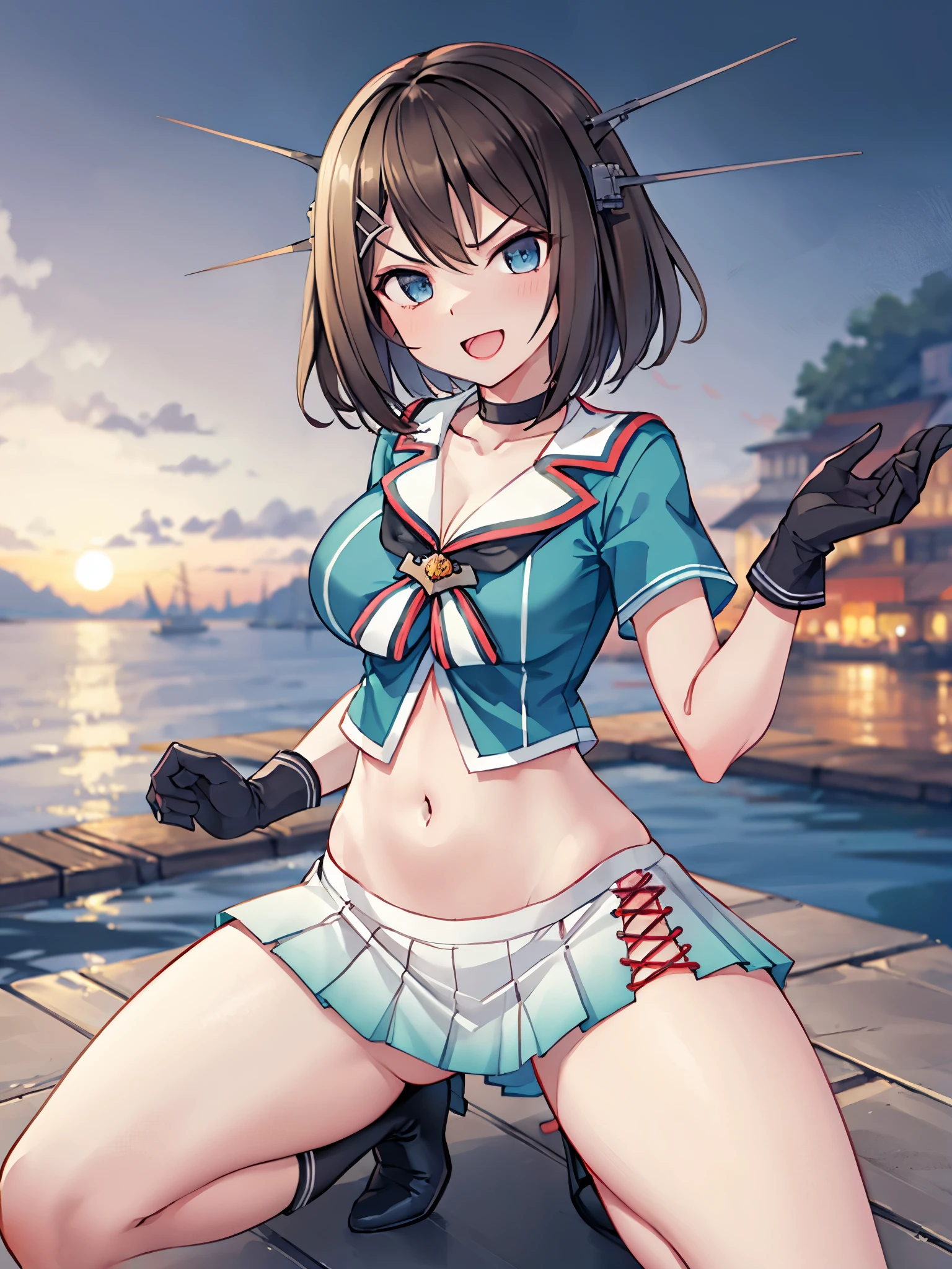 best quality, integrated scenery, integrated background, extremely delicate and beautiful, meticulous details, good composition, , cute face, perfect face, perfect hands,an anime style  ,1young__ girl, , brown_hair, medium_bob_hair, blue_midriff_baring_sailor_uniform, mini_skirt, short_sleeve, thighs, large_breasts, (angry_eyebrows:0.8),smile,standing,open_legs,large_eyes, harbor_background, slightly_spread_legs, happiness, short_gloves,headgear,open_mouth, 