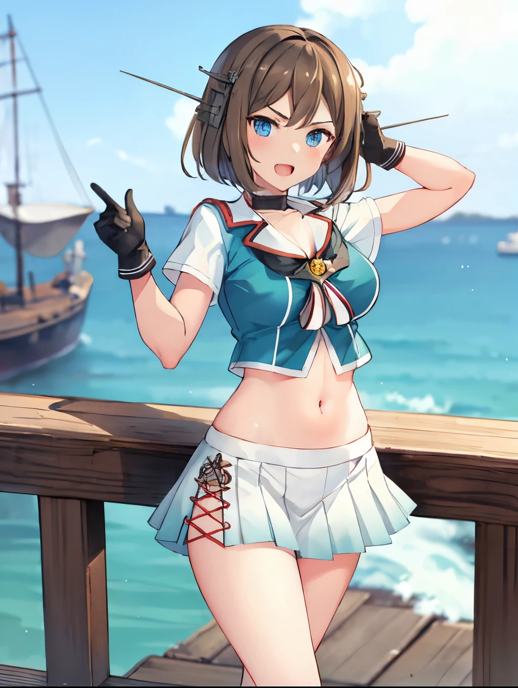 best quality, integrated scenery, integrated background, extremely delicate and beautiful, meticulous details, good composition, , cute face, perfect face, perfect hands,an anime style  ,1young_teen_ girl, brown_hair, medium_bob_hair, blue_midriff_baring_sailor_uniform, mini_skirt, short_sleeve, thighs, large_breasts, (angry_eyebrows:0.8),big_smile,nihil,standing,open_legs,large_eyes, harbor_background, slightly_spread_legs, happiness, short_gloves,headgear,open_mouth, 