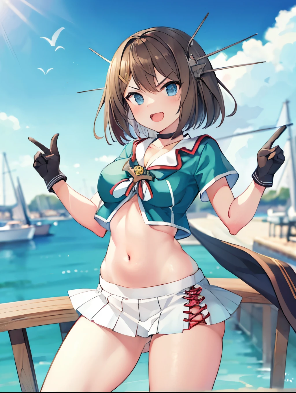 best quality, integrated scenery, integrated background, extremely delicate and beautiful, meticulous details, good composition, , cute face, perfect face, perfect hands,an anime style  ,1young_teen_ girl, brown_hair, medium_bob_hair, blue_midriff_baring_sailor_uniform, mini_skirt, short_sleeve, thighs, large_breasts, (angry_eyebrows:0.8),big_smile,nihil,standing,open_legs,large_eyes, harbor_background, slightly_spread_legs, happiness, short_gloves,headgear,open_mouth, 