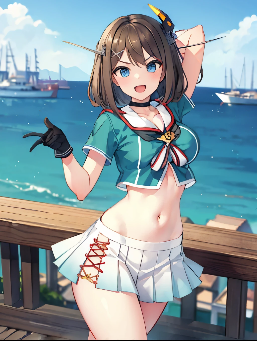 best quality, integrated scenery, integrated background, extremely delicate and beautiful, meticulous details, good composition, , cute face, perfect face, perfect hands,an anime style  ,1young_teen_ girl, brown_hair, medium_bob_hair, blue_midriff_baring_sailor_uniform, mini_skirt, short_sleeve, thighs, large_breasts, (angry_eyebrows:0.8),big_smile,nihil,standing,open_legs,large_eyes, harbor_background, slightly_spread_legs, happiness, short_gloves,headgear,open_mouth, 