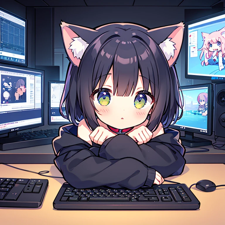 Anime girl in a room with a lot of electronic devices, Alone, Pixiv, Pixel Art, Lo-fi Girl, cute anime cat girl, Lofi Artstyle, Lo-fi Girl aesthetic, Anime aesthetics, Black hoodie, Cat ears anime girl, Lofi Art, Beautiful anime cat girl, nekomimi,　A girl with cat ears in a small room with many computer monitors, Black Hair, Shoulder-length bob, Game, Gameのコントローラー, Gamer, Deformed cat stuffed toy, Gameがたくさんある部屋, So many computer monitors