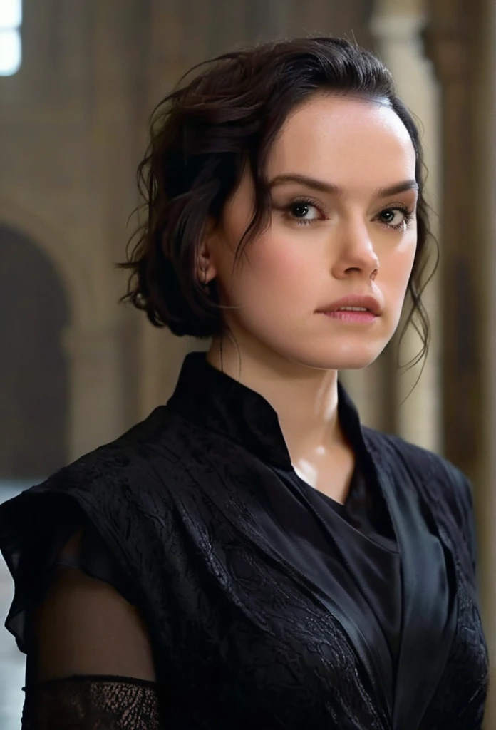 Create a series of images featuring Daisy Ridley as Morganna Addams, a mysterious and elegant female character with a pixie cut hairstyle. She has a pale complexion, piercing dark eyes, and a cold, enigmatic expression. Her appearance is gothic and sophisticated, dressed in a sleek black outfit with subtle Victorian or gothic elements, With biggest busty. Morganna stands in a dimly lit, old stone hallway that hints at an ancient mansion. Her posture is confident and slightly intimidating, with a modern yet dark aura. The setting should evoke a gothic and eerie atmosphere, complementing her mysterious presence."