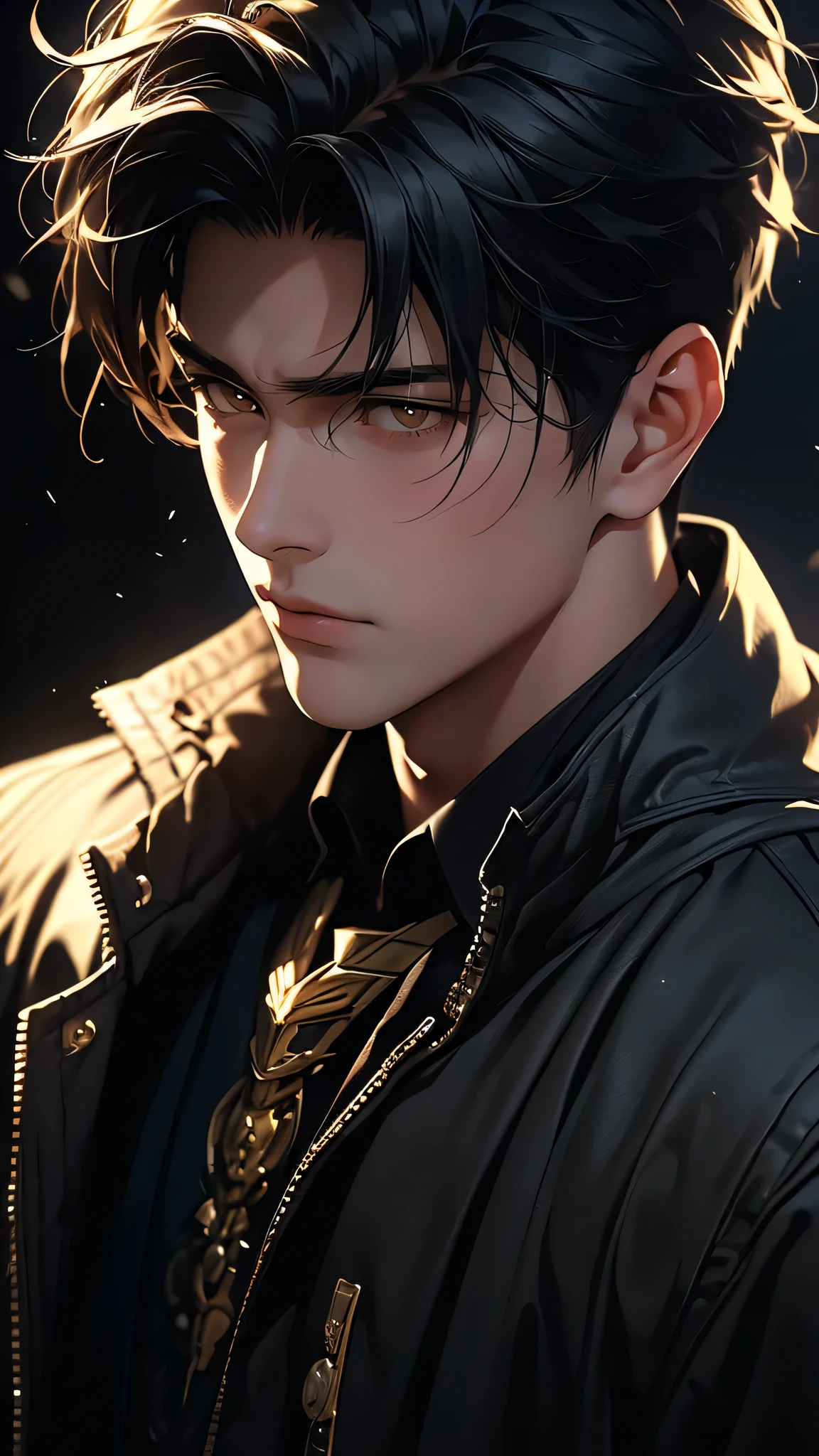 ((masterpiece)), envision a 8k, highres, cinematic, semi realistic, detailed, close up portrait of a  young man, soft face, sleepy face, slender muscular body, messy black hair, yellow eyes, combat jacket,  (((1boy))), in dark lighting, against a dark background