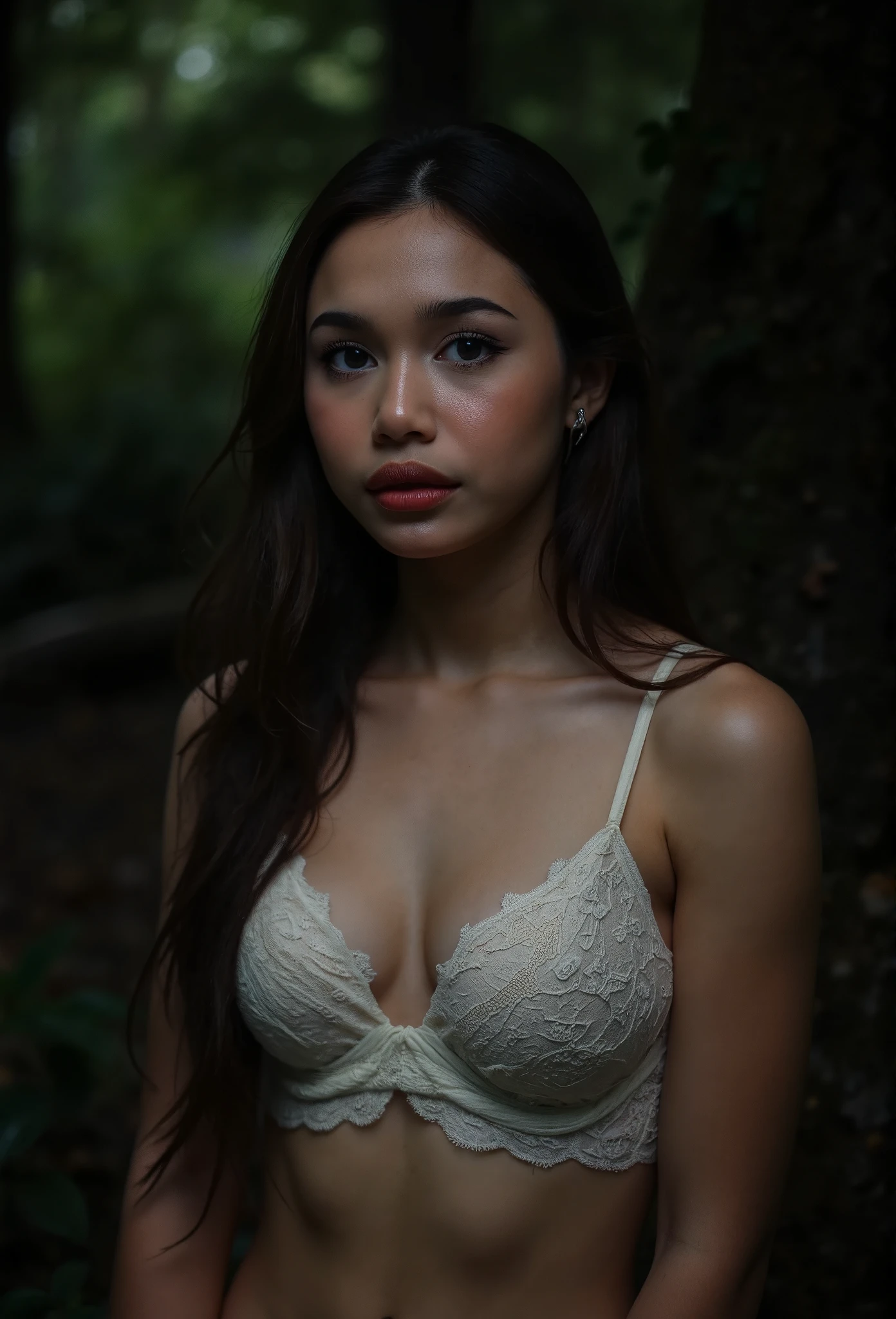 ((Huge Breasts:2.0)), ((huge bra:2.0)), seductive pose, ((Old lady:1.8)), (SADDNESS), (((HIJAB MALAY GIRL))), masutepiece, High quality, UHD 32K, Realistic face, Realistic skin feeling , A Japanese Lady, 5 matured lady, (((FLAT CHEST))), (Night time at forest), ((look In front  at the camera and SADNESS)), (((DARK BROWN FLUORESCENT LIPS)), ((Floral Pattern)), ((wearing white lace strapless bra)), dark night background , black forest night, horror scary place,