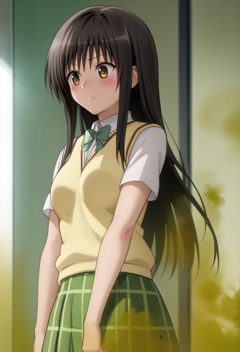 Highest quality, masterpiece, High Resolution, 1 girl, yui kotegawa, black hair, brown eyes, long hair, green skirt, plaid, plaid skirt, sainan high school uniform, school uniform, skirt, sweater vest, yellow sweater, short sleeves, fart, farting, brown_smoke, brown_gas, sprays, blush,