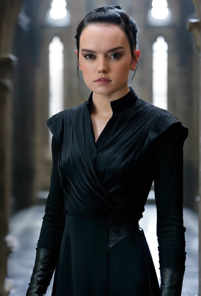 Create a series of images featuring Daisy Ridley as Morganna Addams, a mysterious and elegant female character with a pixie cut hairstyle. She has a pale complexion, piercing dark eyes, and a cold, enigmatic expression. Her appearance is gothic and sophisticated, dressed in a sleek black outfit with subtle Victorian or gothic elements, With biggest busty. Morganna stands in a dimly lit, old stone hallway that hints at an ancient mansion. Her posture is confident and slightly intimidating, with a modern yet dark aura. The setting should evoke a gothic and eerie atmosphere, complementing her mysterious presence."