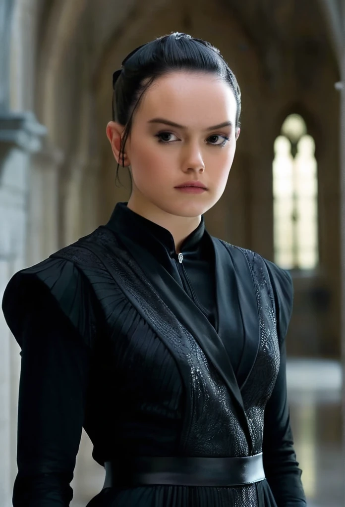 Create a series of images featuring Daisy Ridley as Morganna Addams, a mysterious and elegant female character with a pixie cut hairstyle. She has a pale complexion, piercing dark eyes, and a cold, enigmatic expression. Her appearance is gothic and sophisticated, dressed in a sleek black outfit with subtle Victorian or gothic elements, With biggest busty. Morganna stands in a dimly lit, old stone hallway that hints at an ancient mansion. Her posture is confident and slightly intimidating, with a modern yet dark aura. The setting should evoke a gothic and eerie atmosphere, complementing her mysterious presence."