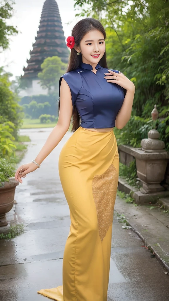 Steady beauty / smiling face / long eyelashes / happy wet eyes / beautiful red lips / white skin / medium breasts / big hips / high hips / tight dress / Burmese women / long skirt printed flower skirt (Myanmar thmi) / short-sleeved jacket / background natural scene / clear / highest shot photo award-winning photo / 3D high-quality nature photo / attracting the photographer with big blue eyes