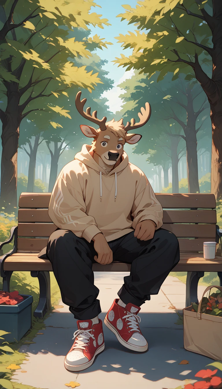 A captivating anime illustration of a charming anthropomorphic furry reindeer, the color of nougat, lounging on a park bench. The reindeer is comfortably dressed in an oversized beige sweatshirt, black cargo pants, and tan Converse sneakers. The park is surrounded by tall trees, and the warm sunlight of the setting sun casts a golden hue on the scene, creating a beautiful play of light. The overall atmosphere is cozy and inviting, with a touch of whimsy and charm, illustration, anime