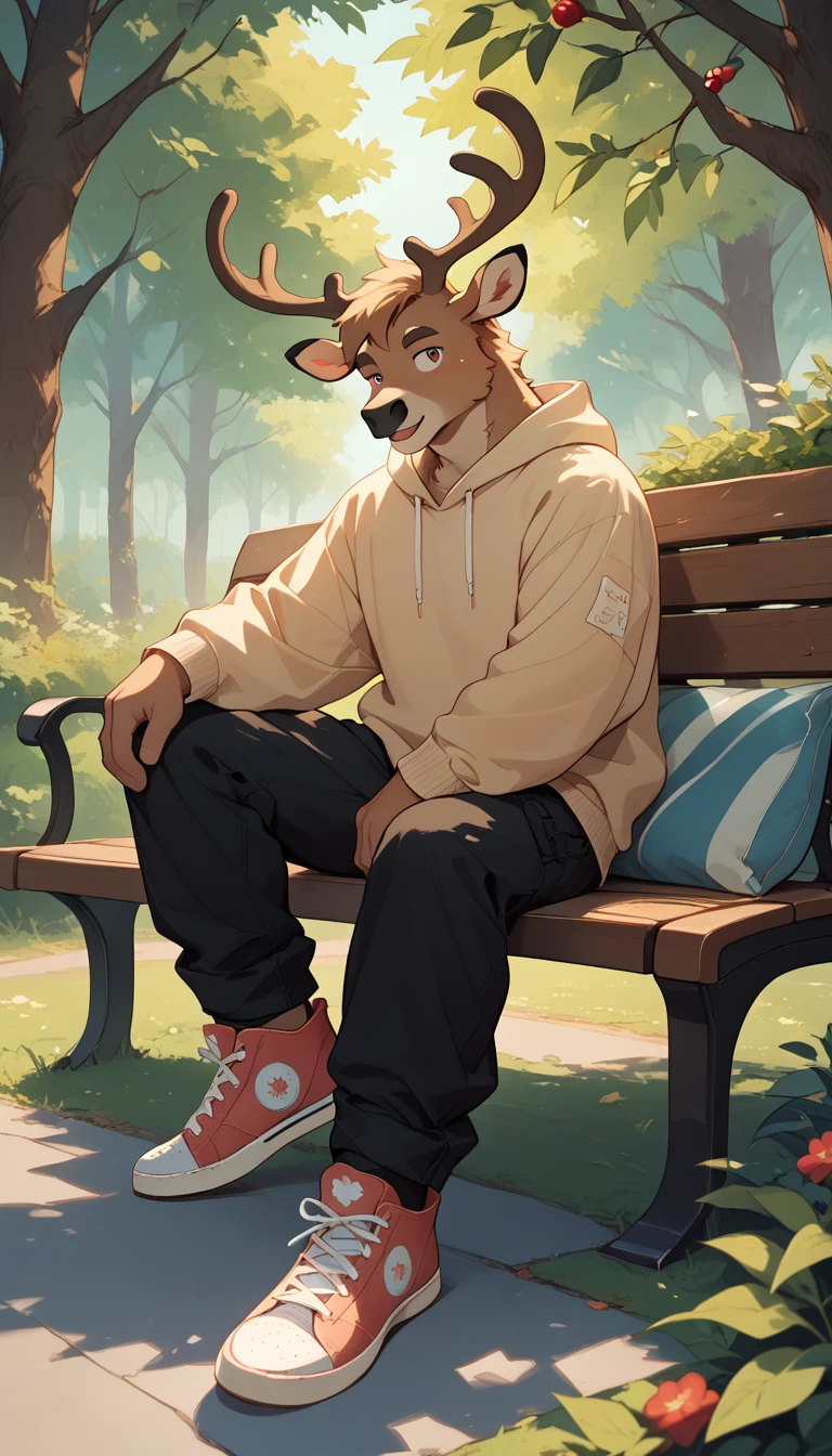 A captivating anime illustration of a charming anthropomorphic furry reindeer, the color of nougat, lounging on a park bench. The reindeer is comfortably dressed in an oversized beige sweatshirt, black cargo pants, and tan Converse sneakers. The park is surrounded by tall trees, and the warm sunlight of the setting sun casts a golden hue on the scene, creating a beautiful play of light. The overall atmosphere is cozy and inviting, with a touch of whimsy and charm, illustration, anime