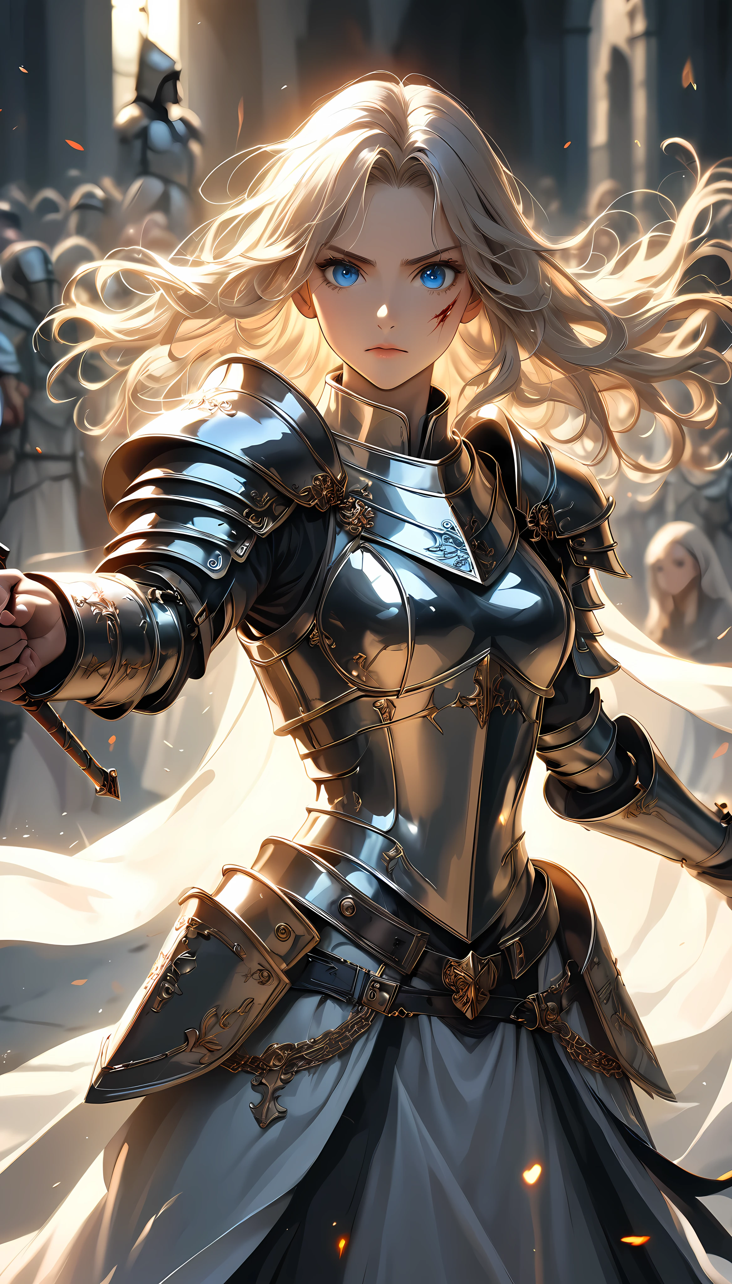 Holy Knight Theme, Cool and stylish, Shiny metal expression, Specular Reflection Coating, Attractive female knight, Alone, Holding a holy sword, Attack posture, Knight Commander of the Royal Guard, Staring at the audience, Strong and fleeting blue eyes, Functional, The kindness that shines through, Goosebump-inducing beauty,  Shake your hair out, As if to atone for past sins..., Divine Protection, mysterious, Bloody Innocence, The concept is glory and chaos lurking in the shadows, The beauty that makes everything acceptable, A scar on the silver mail, and…,