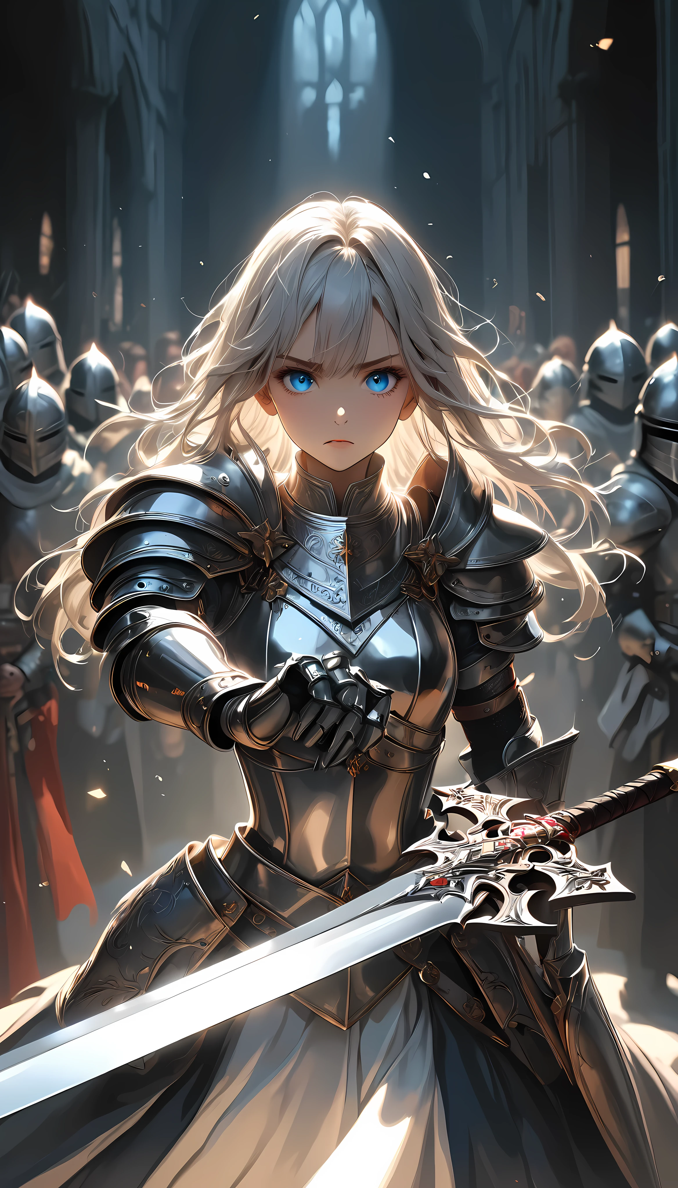 Holy Knight Theme, Cool and stylish, Shiny metal expression, Specular Reflection Coating, Attractive female knight, Alone, Holding a holy sword, Attack posture, Guard your face with the holy sword, Knight Commander of the Royal Guard, Staring at the audience, Clear blue eyes, Strong and fleeting eyes, Functional, The kindness that shines through, Goosebump-inducing beauty,  Shake your hair out, As if to atone for past sins..., Divine Protection, mysterious, Bloody Innocence, The concept is glory and chaos lurking in the shadows, The beauty that makes everything acceptable, A scar on the silver mail, and…,