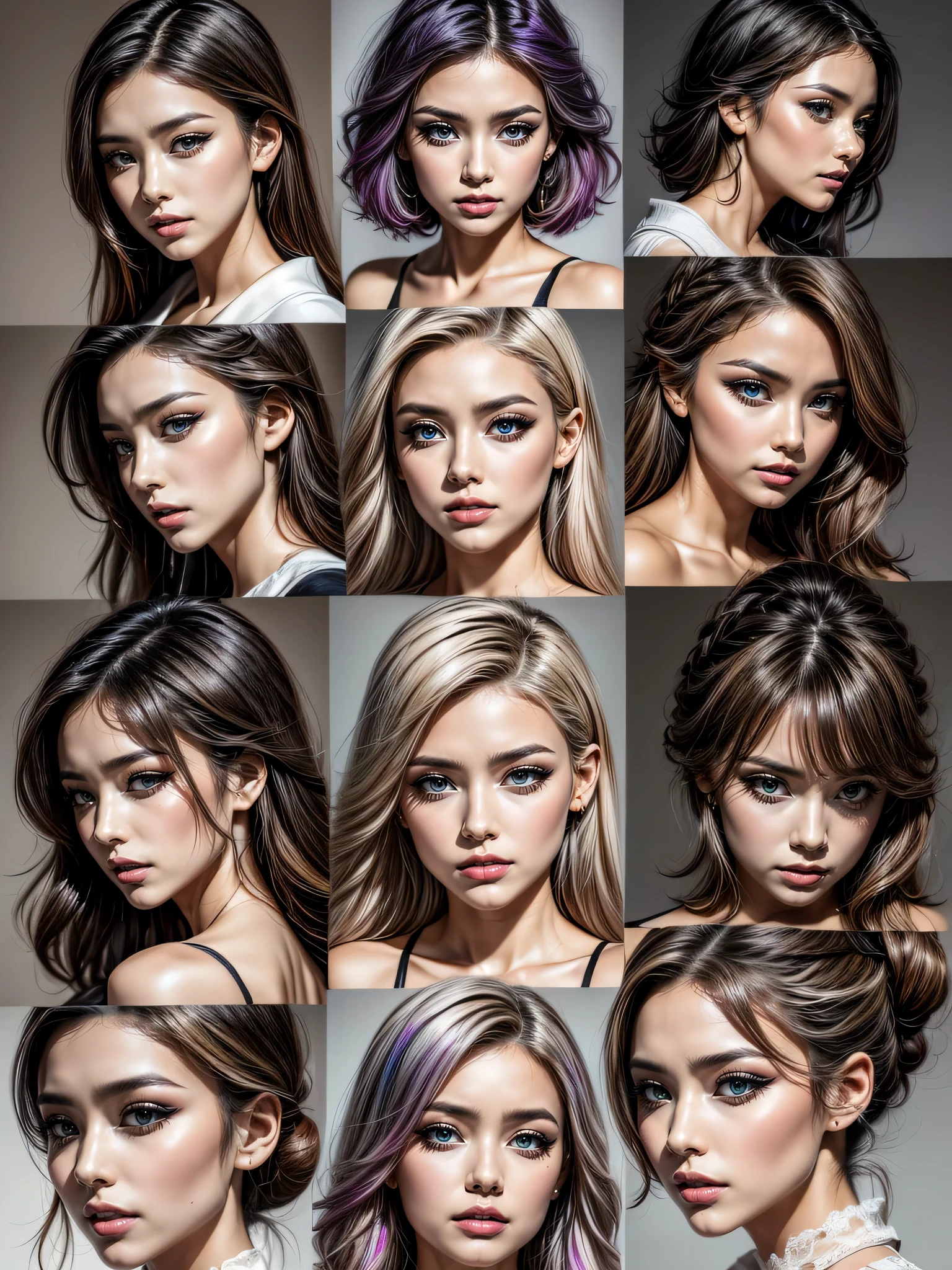 (((CharacterSheet:1))), (photorealistic Realism 16K Quality,highres,masterpiece:1.2), ultra-detailed, (ultra-fine digital art), (highest quality realistic texture skin), (highest quality realistic texture hair), ((choose hair color (hair is a different color than eyes:1.2))), (dynamic random fancy, professional hairstyles))、((perfect proportions)), ((anatomically correct)), firm and full breasts, ((Lively,Active,vivaciousness)), (high elaborate extravagant street outfit:1.3), (minimalist provocative styling:1.25), ((the most absurdres quality eyes:1.3)), ((clear no blur and sharp perfect round realistic brown_eyes:1.3), highest detailed:1.25), finaly detailed round pupils, Representative work, official art, Professional, ((photorealistic Realism 16K Quality,highres,masterpiece:1.2), ultra-detailed, (ultra-fine digital art), Realism, (highest resolution), (multiple poses with Diagonal view, sitting_split, reference sheet:1.2))
