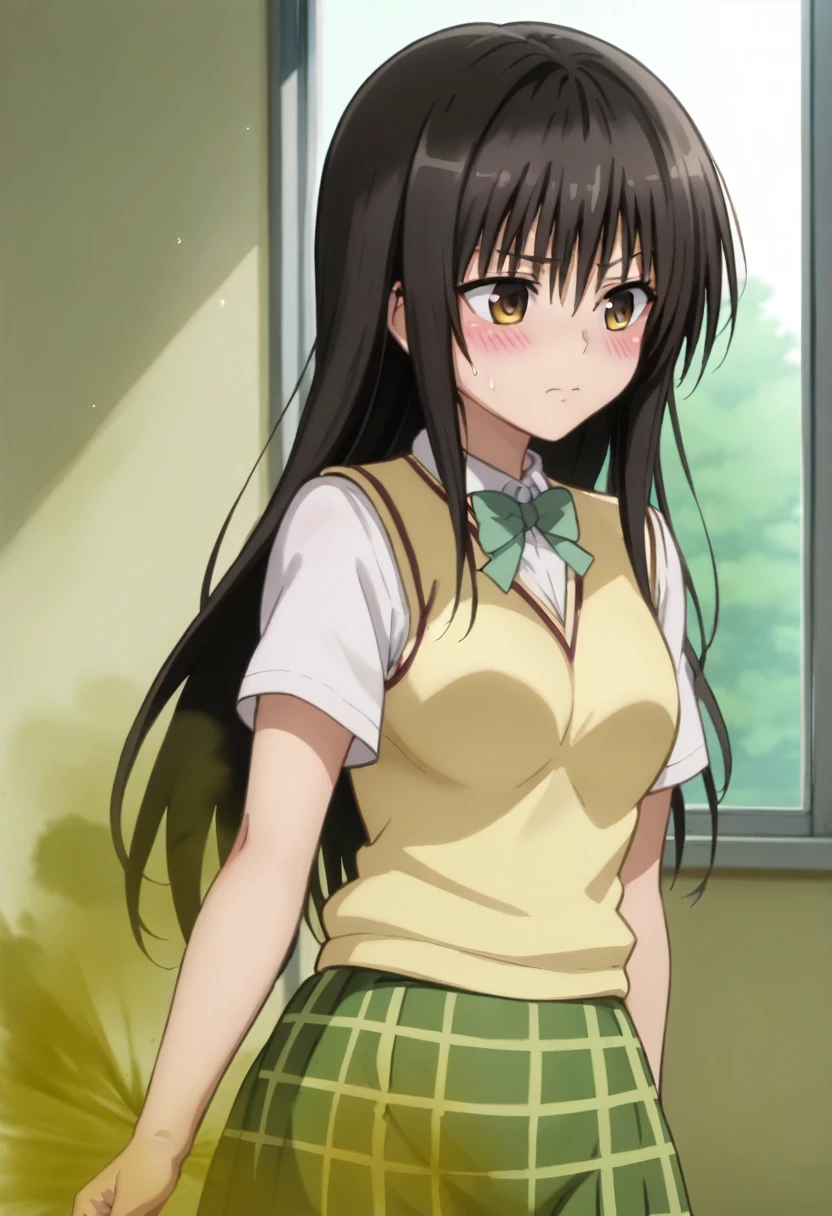 Highest quality, masterpiece, High Resolution, 1 girl, yui kotegawa, black hair, brown eyes, long hair, green skirt, plaid, plaid skirt, sainan high school uniform, school uniform, skirt, sweater vest, yellow sweater, short sleeves, fart, farting, brown_smoke, brown_gas, sprays, blush, smoke from behind,