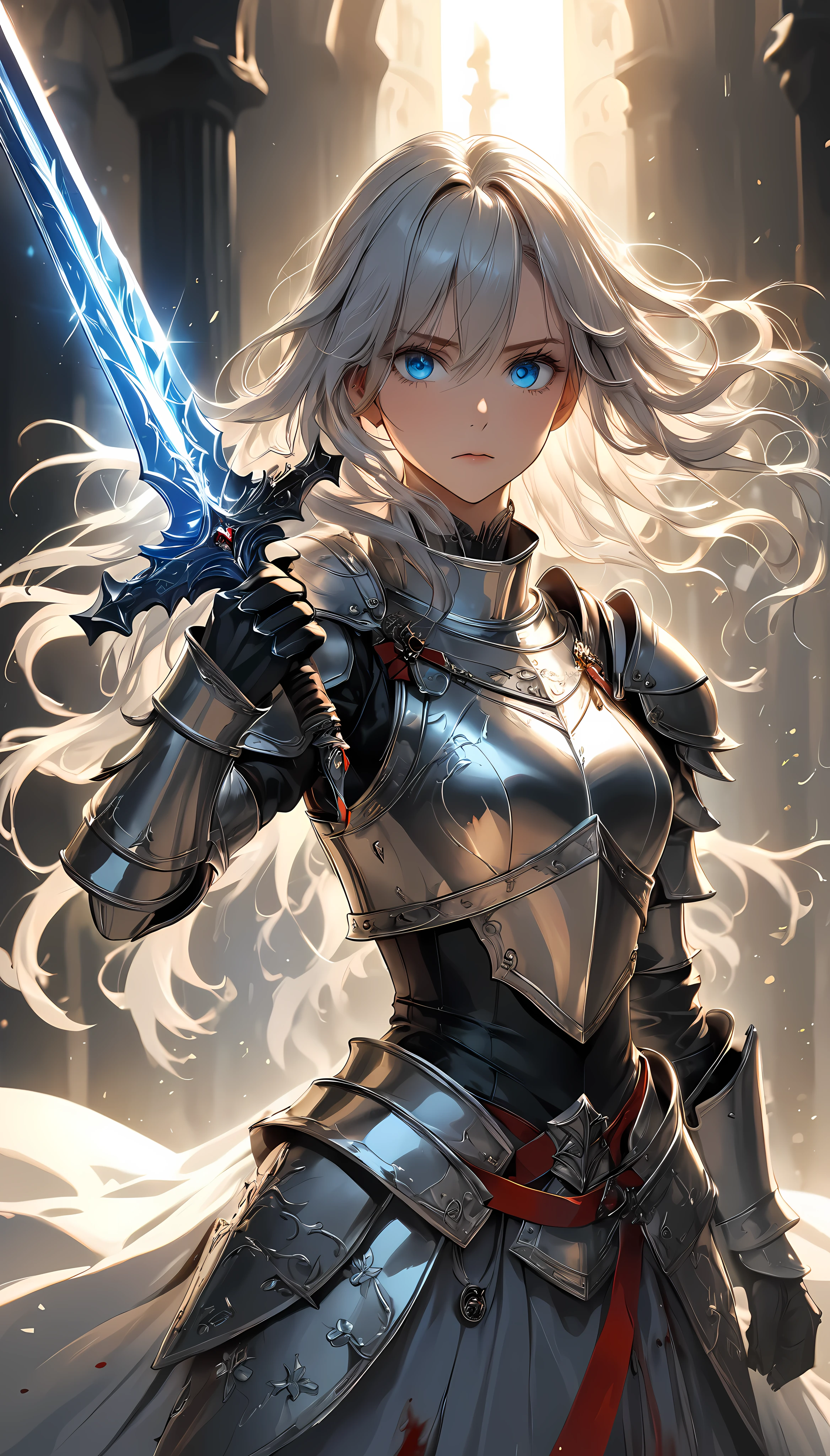 Holy Knight Theme, Cool and stylish, Shiny metal expression, Specular Reflection Coating, Attractive female knight, Alone, Holding a holy sword, Attack posture, Guard your face with the holy sword, Knight Commander of the Royal Guard, Staring at the audience, Clear blue eyes, Strong and fleeting eyes, Functional, The kindness that shines through, Goosebump-inducing beauty,  Shake your hair out, As if to atone for past sins..., Divine Protection, mysterious, Bloody Innocence, The concept is glory and chaos lurking in the shadows, The beauty that makes everything acceptable, A scar on the silver mail, and…,