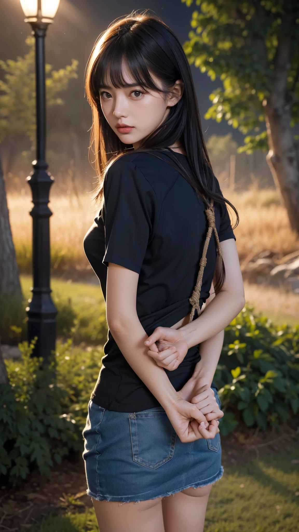 woman has her hands tied、(shibari)、((Hands behind back))、((((Place your hands behind your back))))、(((Both wrists are tied with rope)))、Align the rope and wrap it neatly.、Beauty、20 years old、talent、Wearing a short-sleeved blouse、Wearing a skirt、Standing on the roof of a building at night、(((Beautiful starry sky)))、Uniform eyes、Well-proportioned、Medium build、Small Bust、, black hair, straight hair, earrings, sad, highres、, messy hair, Surrealism, cinematic lighting, tachi-e, first-person view, from behind, f/1.2, Nikon, from behind, cowboy shot, UHD, anatomically correct, best quality
