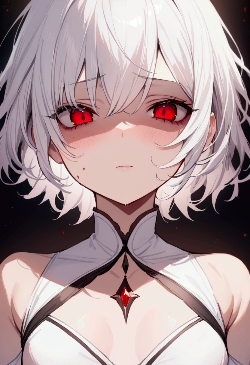 ((masterpiece,Highest quality)),One girl,Beautiful attention to detail, Detailed face, (whole body:1.2), Long white hair, Red eyes,Small breasts, (Black background:1.2), Blood particles, Shaded face 