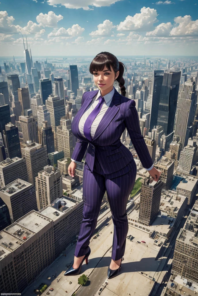 Young massive Gigantic giantess woman bigger the whole cities, beautiful curves a massive thighs, hair in a long fishtail braid, lipstick wearing a perfect perfect tailored grey pinstriped trouser suit and blazer, crisp white shirt and large broad purple windsor knot tie,colossal breasts. Platform high heels , standing, giantess art, full body view, highly detailed massive giantess shots dwarfing cities, giantess, most detailed, perfect face, Two legs, Five fingers, short hair, A girl who is bigger than a skyscraper, standing on very small city new york, skyscarpers at their feet, skyscrapers small, smile, huge breasts, major metropolis, numerous cities, , A very small big city, Miniature metropolis, Full body description, GTS, giga giantess, gigagts, stomping city, crash city, tiny city, micro city, , High resolution, highest quality, masterpiece,  tiny destroyed skyscrapers city, illustration, skyscrapers size of small toys standing behind and very far away from city, (masterpiece, best quality, best shadows, best shading, perfect hands, perfect face, cinematic lighting, colorful, ultra-detailed, beautiful photography, character focus, extremely-detailed, photorealistic, hyper photorealism, atmospheric), ), (giantess, stereotypical office boss), (dirty, filthy, unwashed, sweaty, unkempt, happy, tired, exhausted, annoyed), ((walking, mid stride:1.2, stepping down on:1.2, stomping, crush, rampage)), (black patent Louboutin rounded toe pumps, high heels, platform heels), ((,)), ((long ponytail hair with front bangs)), (high altitude photography, satellite view), (curvy, , heaving bosom, legs), (mega city, urban sprawl, and small towns, buildings, roads), (((cloudy, overcast, clouds and atmosphere partly obscuring the subject:1.2, hazy atmosphere, haze in foreground, wispy clouds))) footprints warzone 