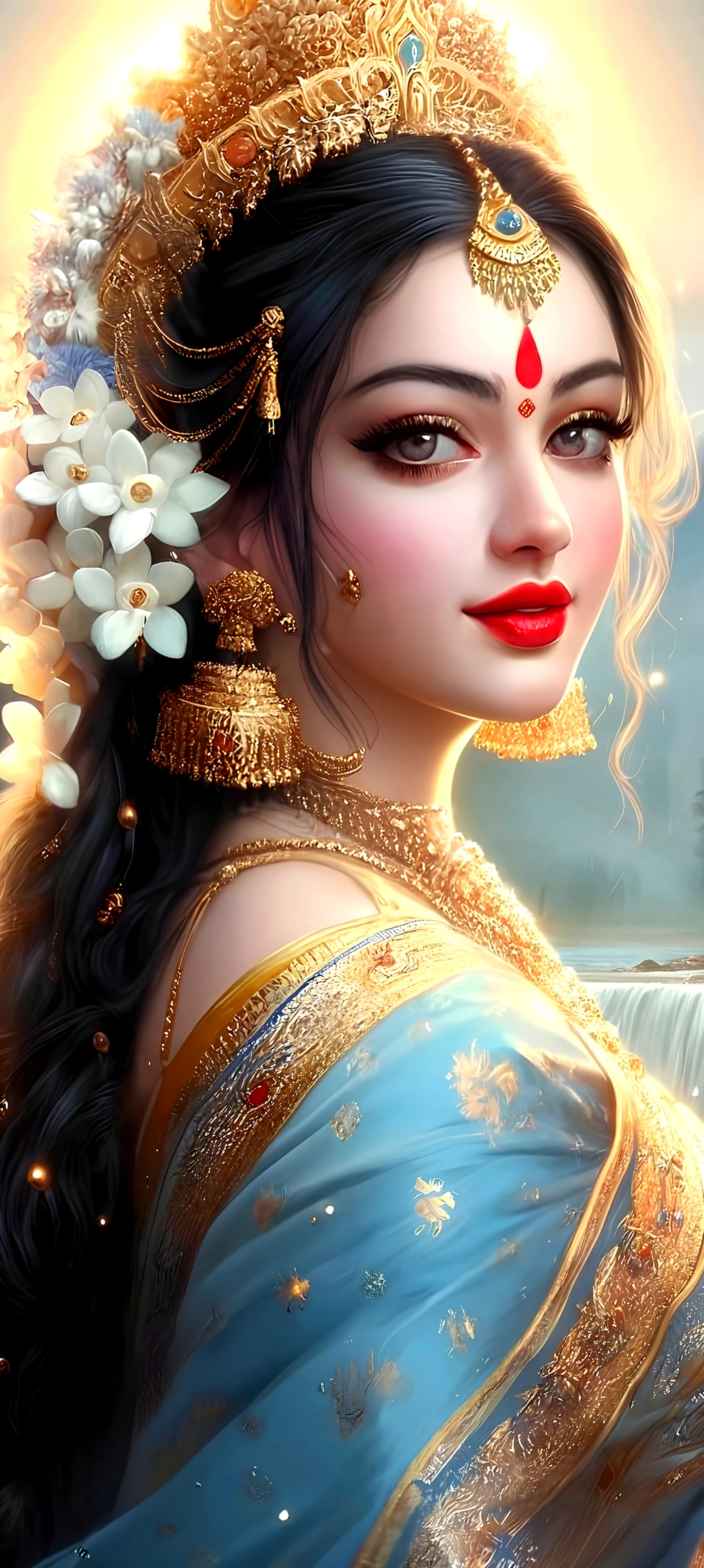 A close up of a woman with a blue sari and gold jewelry - SeaArt AI