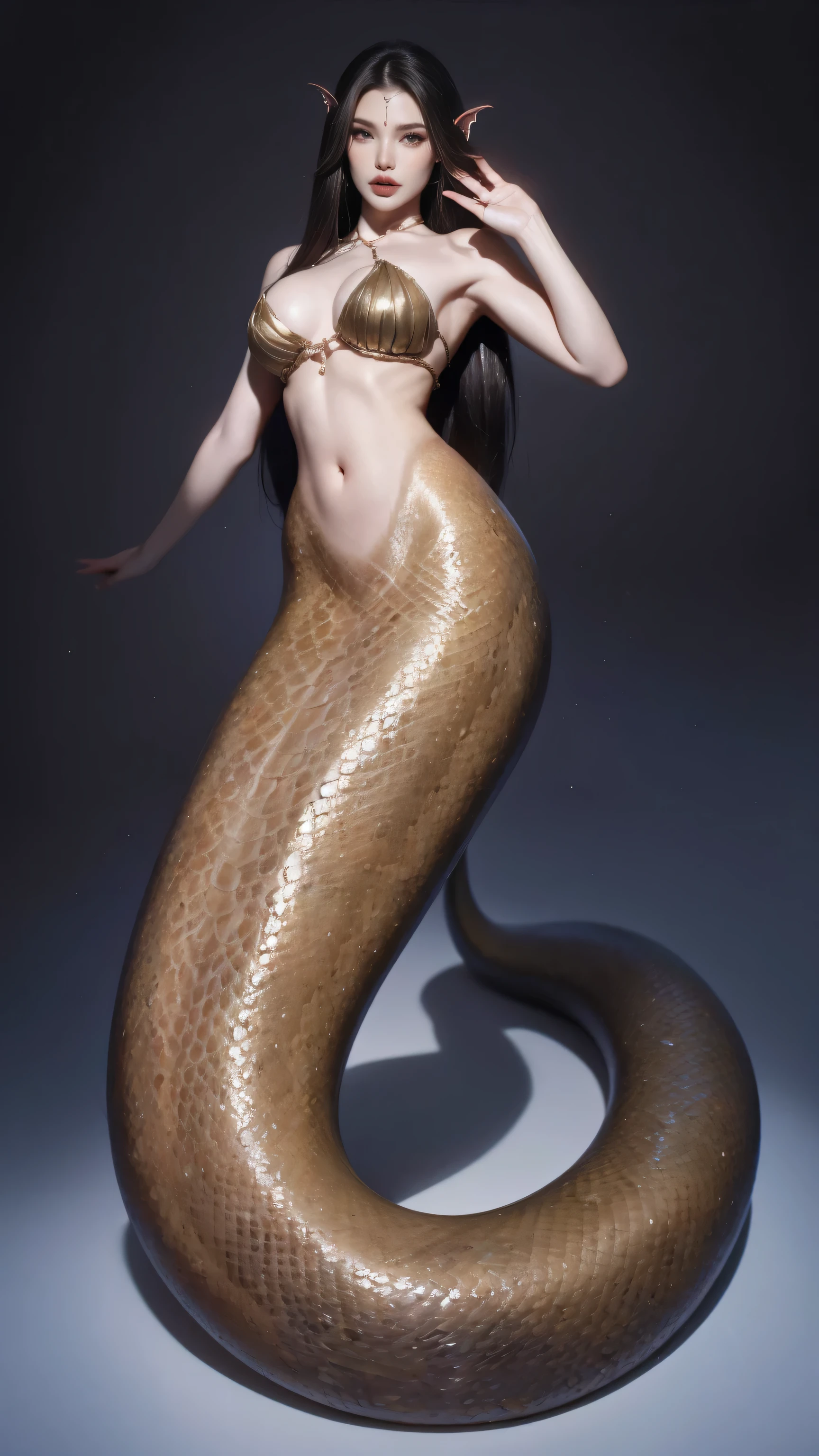((masterpiece, Ultra-clear, Original photo, Extremely detailed CG, 8K)), (Lamia:1.2), (Long, thin snake tail:1.5), Beautiful succubus girl, Black long hair, Exquisite eyes, Delicate face, Detailed hands, Glowing skin, Dark skin, Bright gloss, (Large Breasts), Thin waist, Abdominal muscles, Sparkling python pattern, (Python Mode:1.2), high resolution, (Very detailed:1.4), (Realistic:1.2), Transparent, fantasy, Full body photo, (3d), horizontal pupils, Surrealism, highres, textured skin