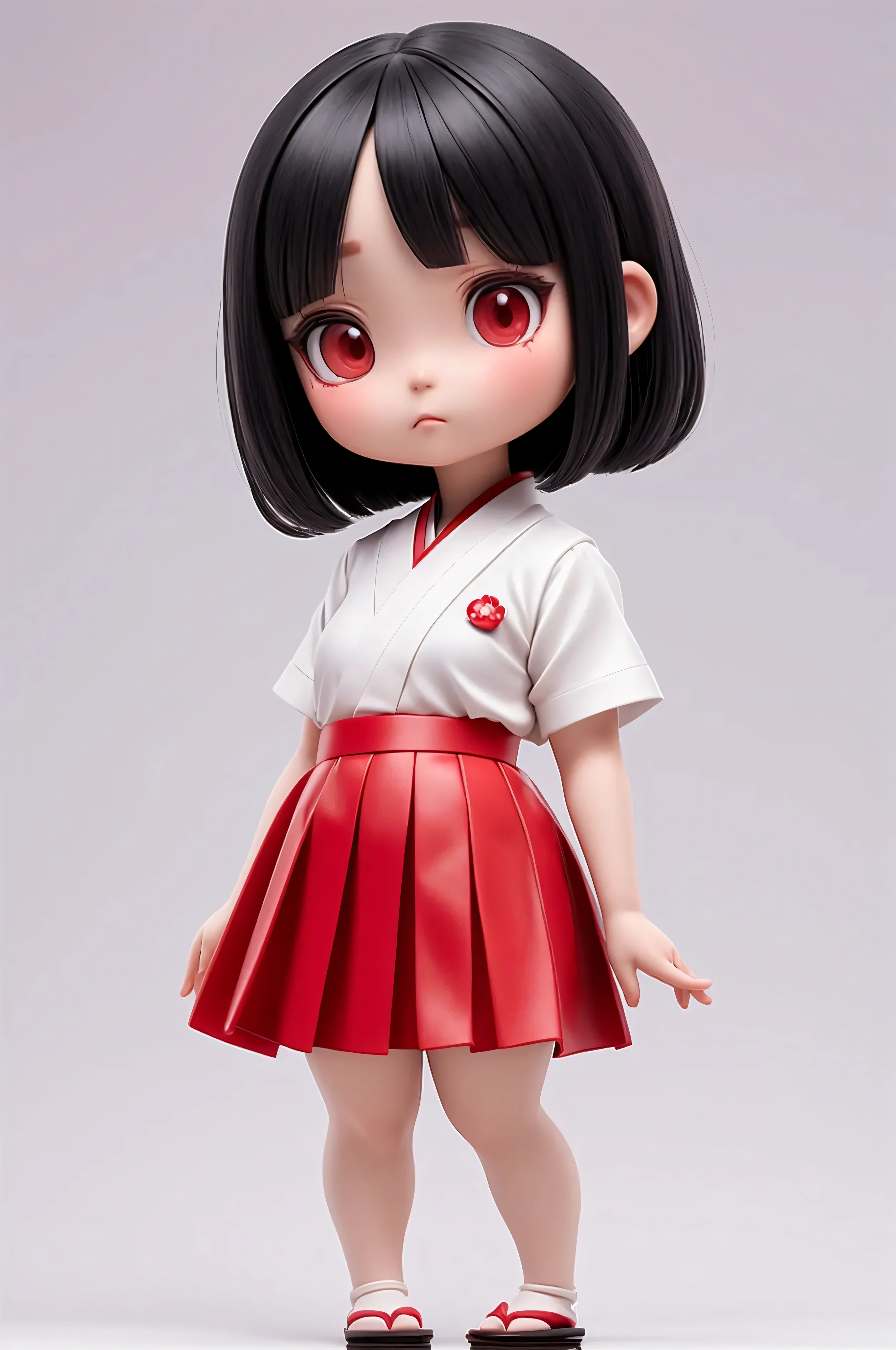 "A full-body illustration of Hanako-san, a ghost that appears in Japanese urban legends. Hanako-san is wearing a white blouse and a slightly short red skirt. She is depicted as a girl with black bob-cut hair." Front-facing image, full body, arms raised, transparent background,
