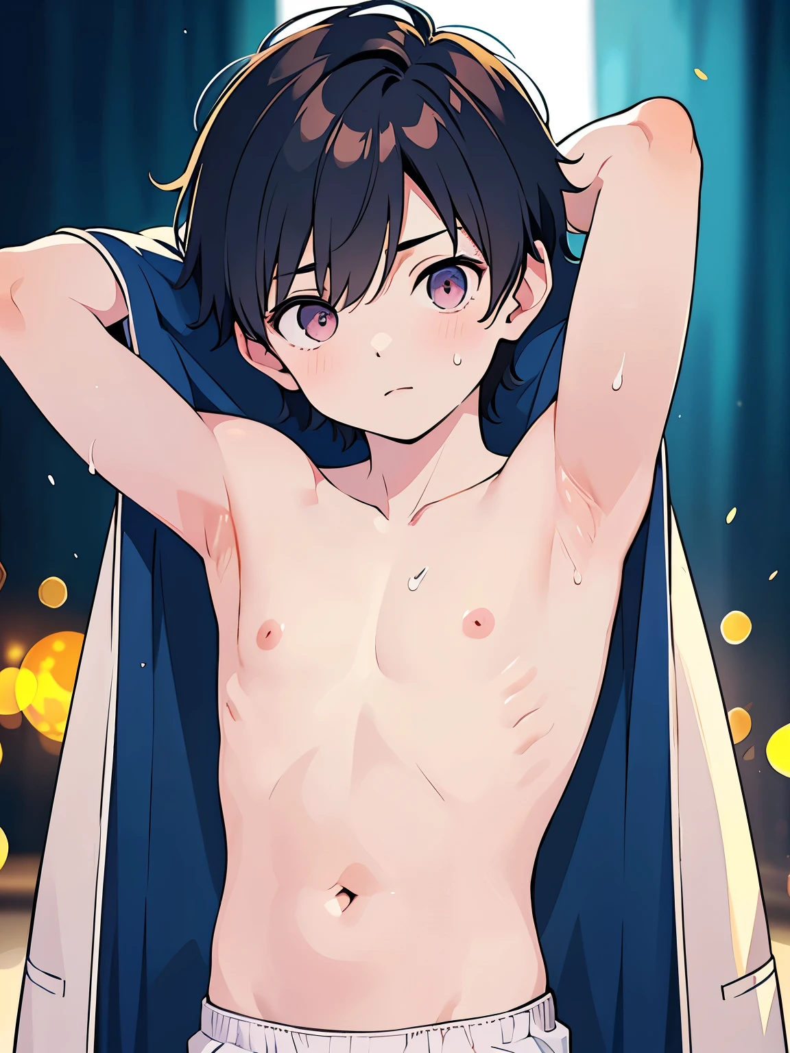 Highres, Masterpiece, Best quality at best,Best Quality,hight quality, hight detailed, Anime style, 1boy, teenager, cuddle, pretty face, Shota, young boy, Shirtless, bare chest, bare shoulder, Upper body, 12-years-old, handsome, Adorable little armpits, pink armpit, Give me a picture of the armpit of a young boy, (Showing armpit:1.3), (very young boy), (very small and short body), simple beckground, cute boy, Uhd, bokeh, sweat