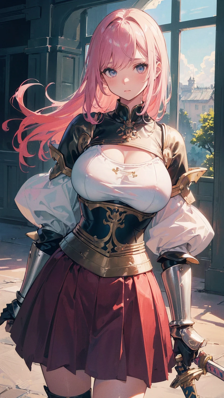 Best Quality, 8k, (One Girl:1.3),(((Big Breasts:1.1))), (Colorful illustration:1.4), (masterpieceBest Quality, Best Quality, Official Art), Very detailed, Most detailed, (Very detailed), ((So delicate and beautiful)), ((Iron Breastplate Blouse Skirt)),  ((Swordsman)), ((Metal Gauntlets)), ((Holds a two-handed sword))