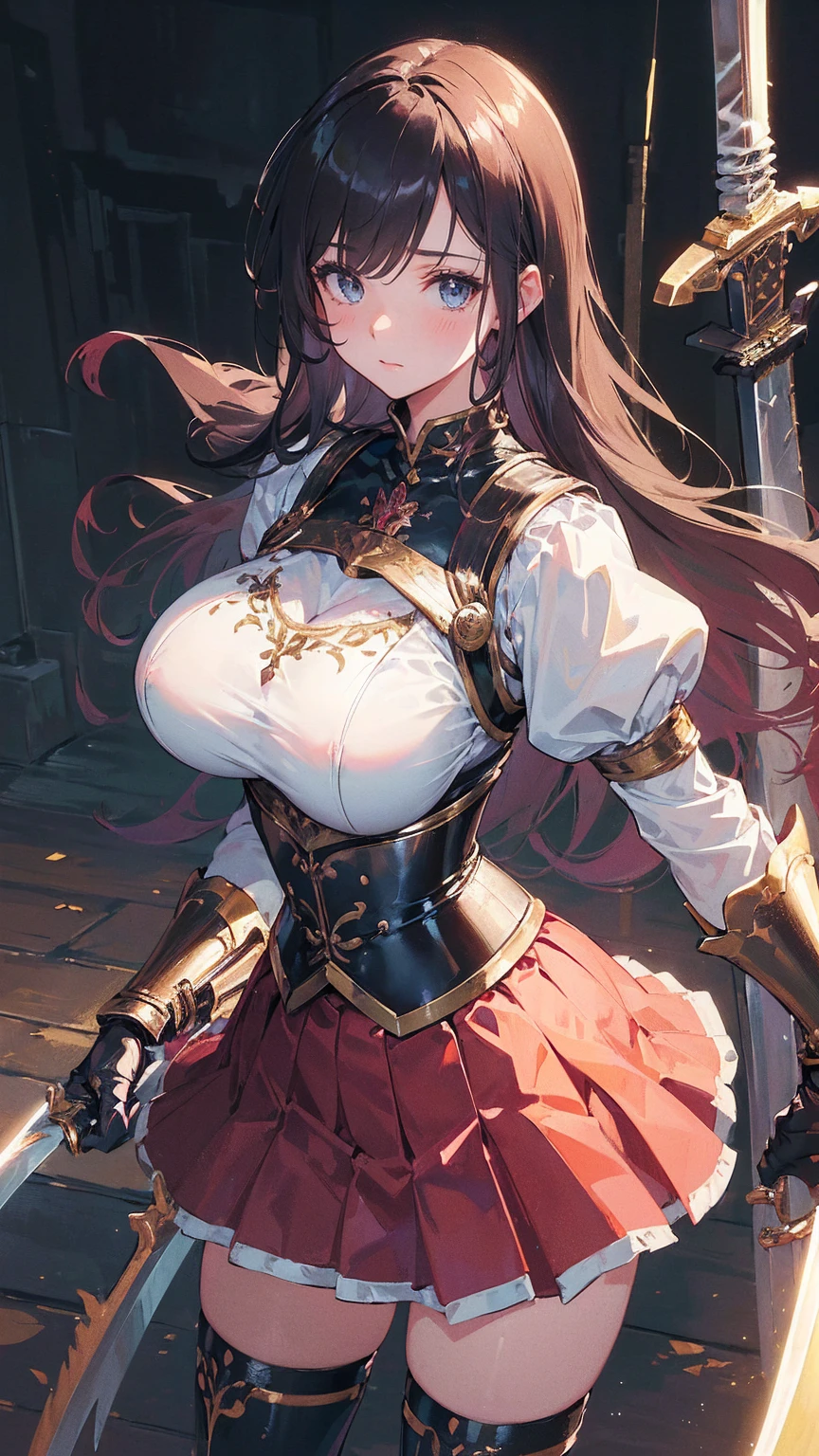 Best Quality, 8k, (One Girl:1.3),(((Big Breasts:1.1))), (Colorful illustration:1.4), (masterpieceBest Quality, Best Quality, Official Art), Very detailed, Most detailed, (Very detailed), ((So delicate and beautiful)), ((Iron Breastplate Blouse Skirt)),  ((Swordsman)), ((Metal Gauntlets)), ((Holds a two-handed sword))