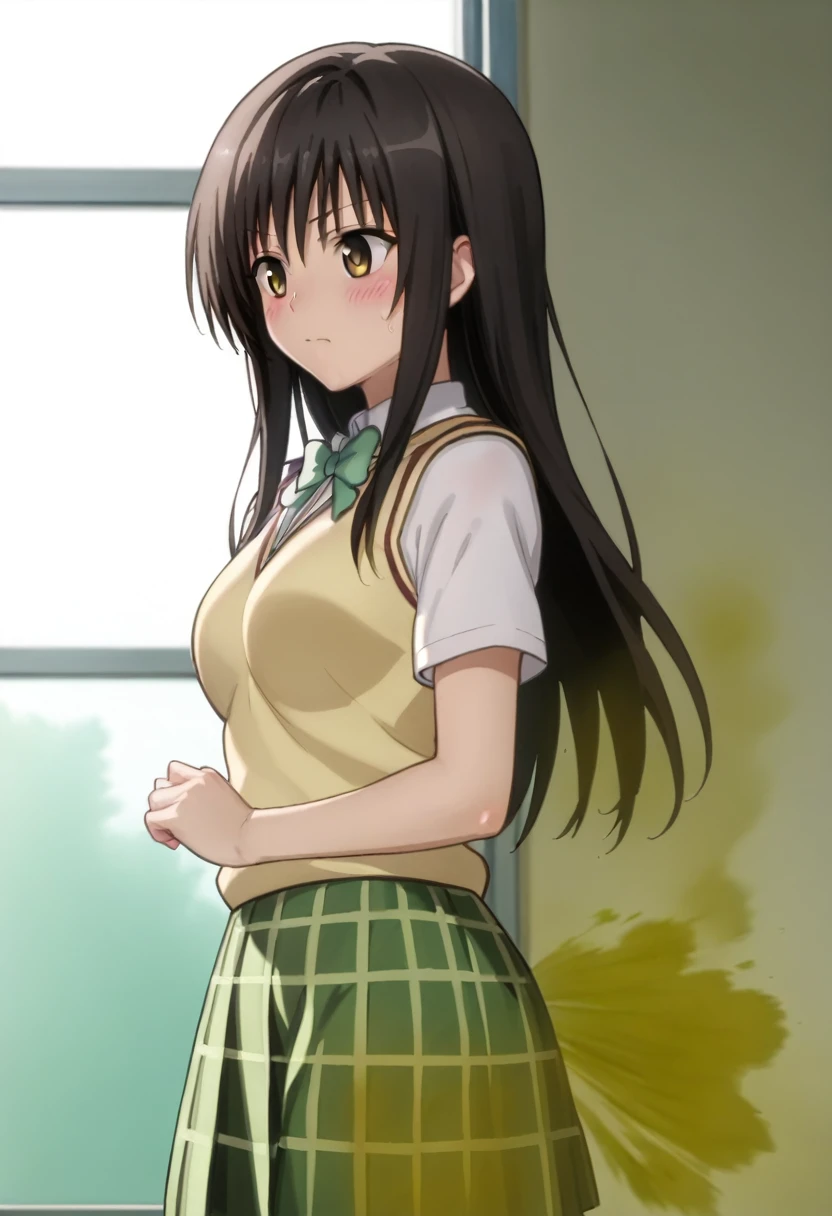 Highest quality, masterpiece, High Resolution, 1 girl, yui kotegawa, black hair, brown eyes, long hair, green skirt, plaid, plaid skirt, sainan high school uniform, school uniform, skirt, sweater vest, yellow sweater, short sleeves, fart, farting, brown_smoke, brown_gas, sprays, blush, smoke from behind,