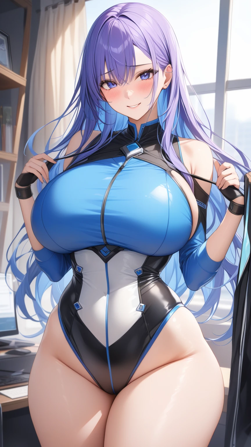 Masterpiece, very detailed, ultra detailed, one, (1 female maid), she is in a detailed (blue and silver) futuristic exosketel suit, and in an elegant position, super mature, tall, milf, mature mother, super long hair, bright blue hair, with ultra-blue hair, dragon horns, beautiful, charming, glowing blue eyes, elegant, big breasts (huge), cheerful breasts, neutral and cold face, charming, mysterious atmosphere, against the background of futuristic technology and laboratory.